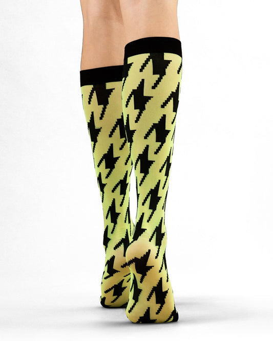Fiore Grand Prix Knee-highs - Neon green/yellow sheer fashion knee-high socks with a large black woven houndstooth pattern and deep comfort.