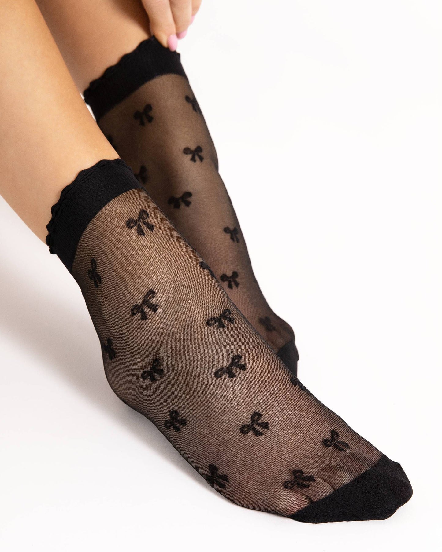 Fiore Hey Baby Sock - Sheer black fashion ankle socks with a bow pattern and scalloped edge cuff.