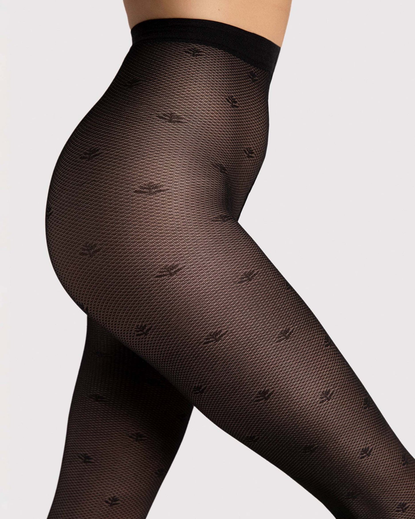 Fiore Lea 30 Den - Black micro mesh fashion tights with a small flower and stem dotted pattern, geometric linear pattern, sheer body and reinforced toe. Close up of waist.