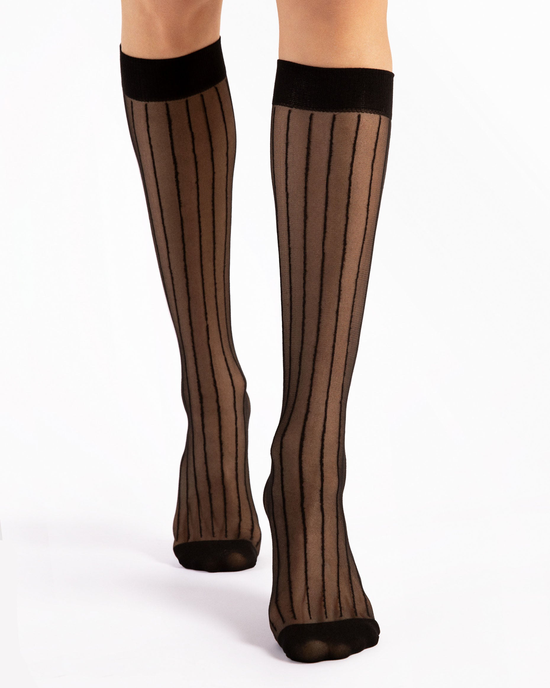 Fiore Linea 15 Den - Sheer black fashion knee-high socks with a thin vertical pinstripe pattern, plain elasticated cuff and sheer reinforced toe.