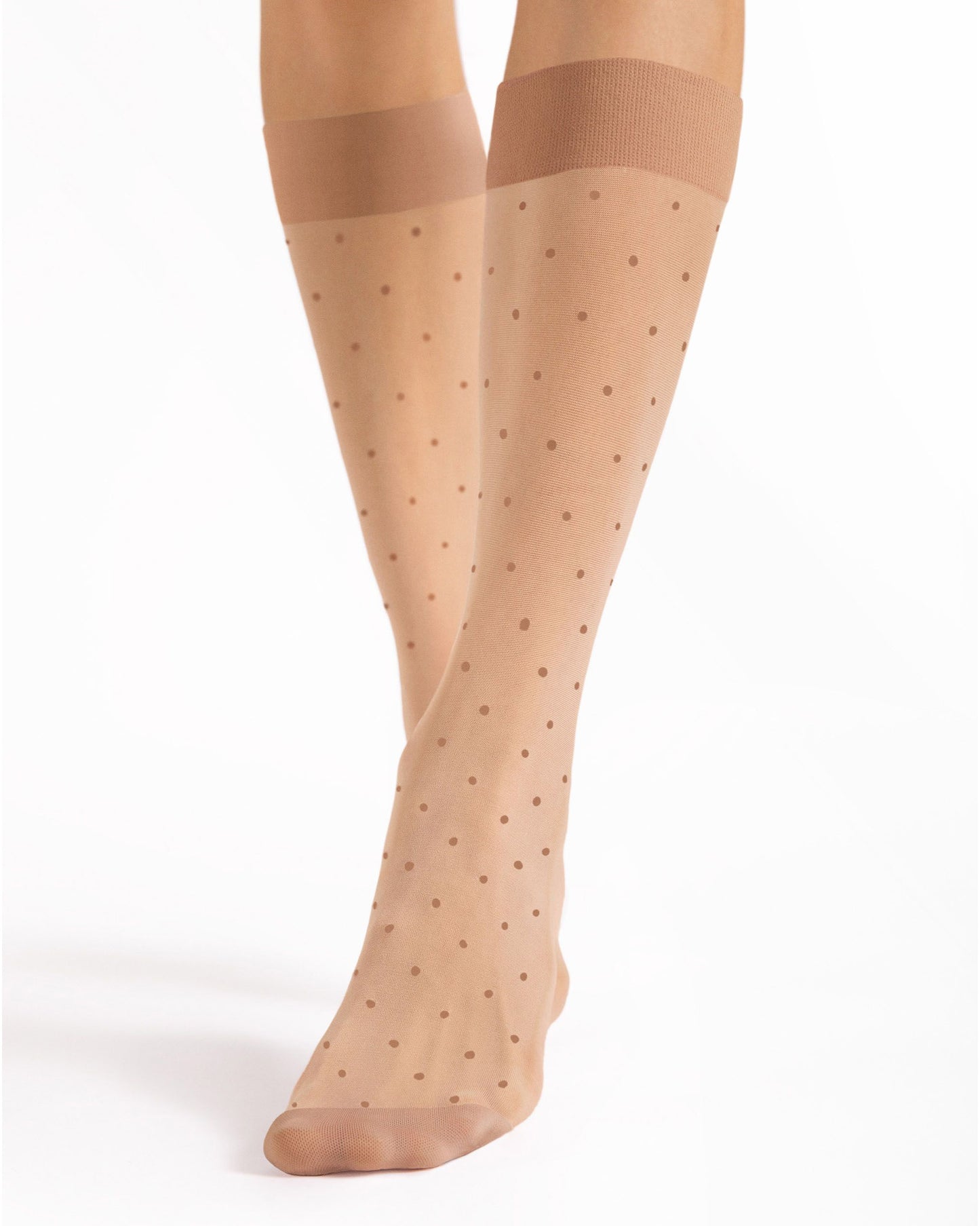 Sheer nude classic polka dot patterned knee-high socks with a built in reinforced shoe liner sock and deep comfort cuff.