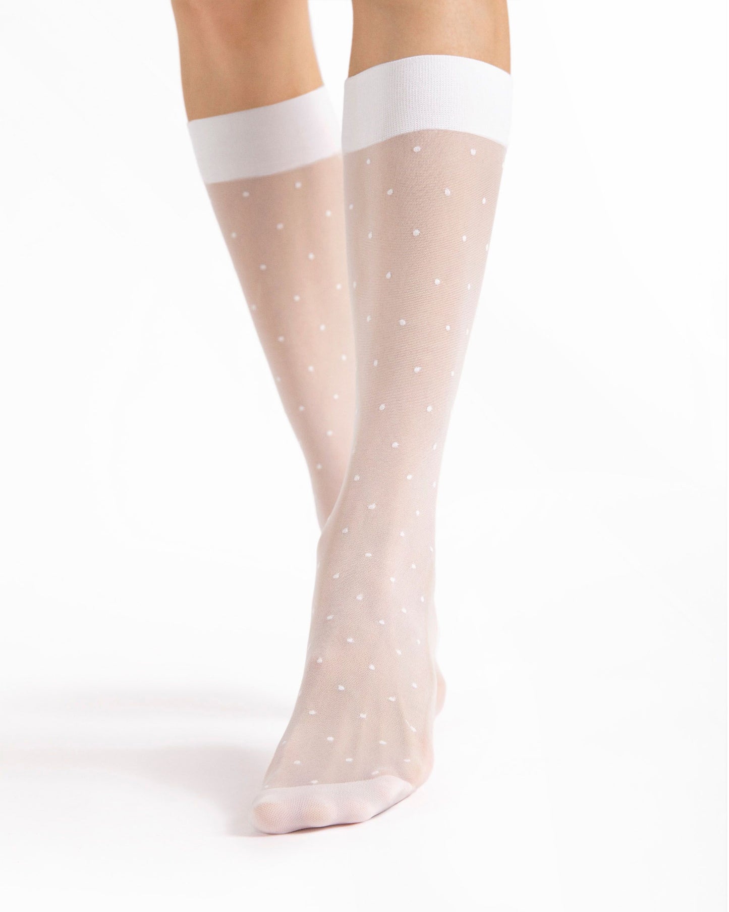 Sheer white classic polka dot patterned knee-high socks with a built in reinforced shoe liner sock and deep comfort cuff.