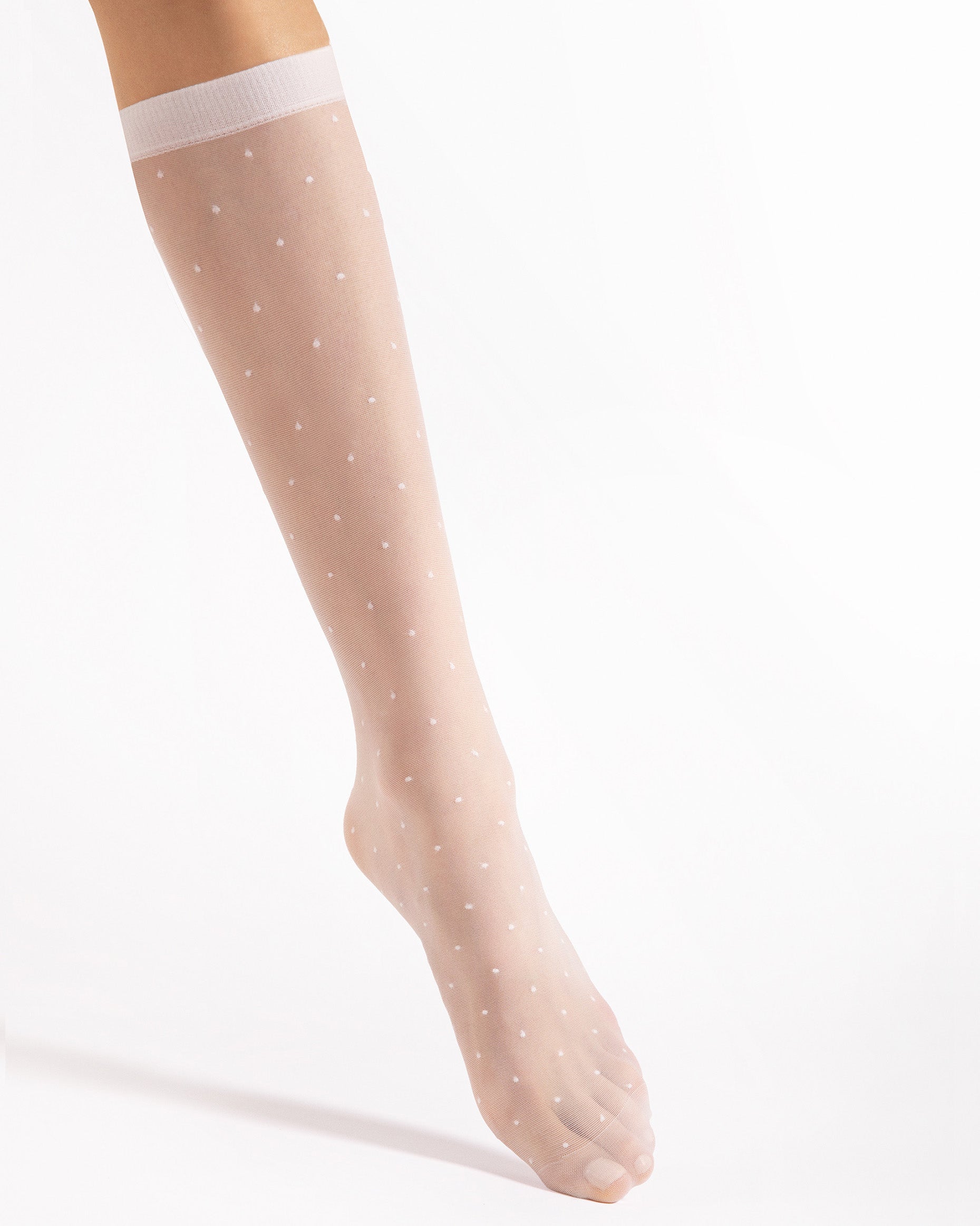 Fiore Quebec 15 Den - Sheer white fashion knee-high socks with a small polka dot pattern, plain elasticated cuff and sheer reinforced toe.