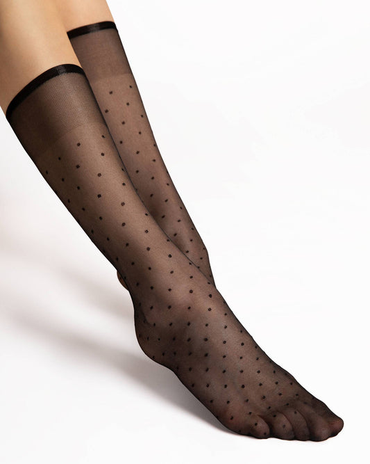 Fiore G 2111 Trisha Sock - Sheer black fashion knee-high socks with a small woven all over polka dot spot pattern.
