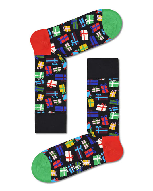Happy Socks Gift Bonanza Sock - Black cotton crew length ankle socks with an all over multicoloured pattern of bow wrapped Christmas presents & gifts, deep cuff, red shaped heel and green toe.
