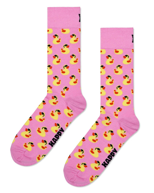 Happy Socks Rubber Duck Sock - Light pink cotton crew length ankle socks with all over black shades wearing rubber duck pattern on yellow and orange.
