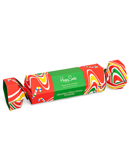 Happy Socks XCCA02-0100 Psychedelic Candy Cane Socks Gift Box - Christmas Cracker gift box with two pairs of socks. One pair is red with multicoloured wavy lines pattern and candy canes and the other is green with multicoloured candy cane pattern, pink cuff, yellow heel and blue toe. Available in men and women size.