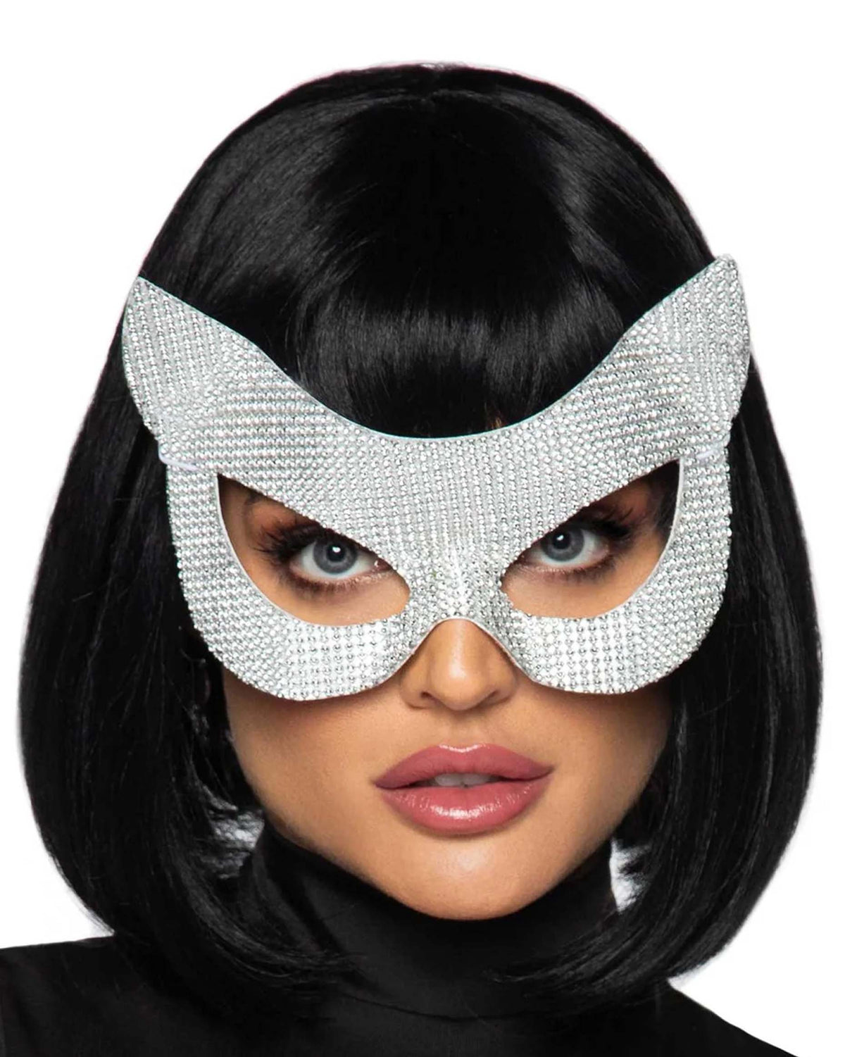 A woman with a black bob wig wearing a sparkling silver rhinestone masquerade mask, shown against a plain white background.