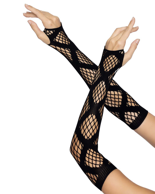 Leg Avenue Faux Wrap Net Arm Warmers - Black over the elbow netted fingerless gloves with a large diamond pattern.