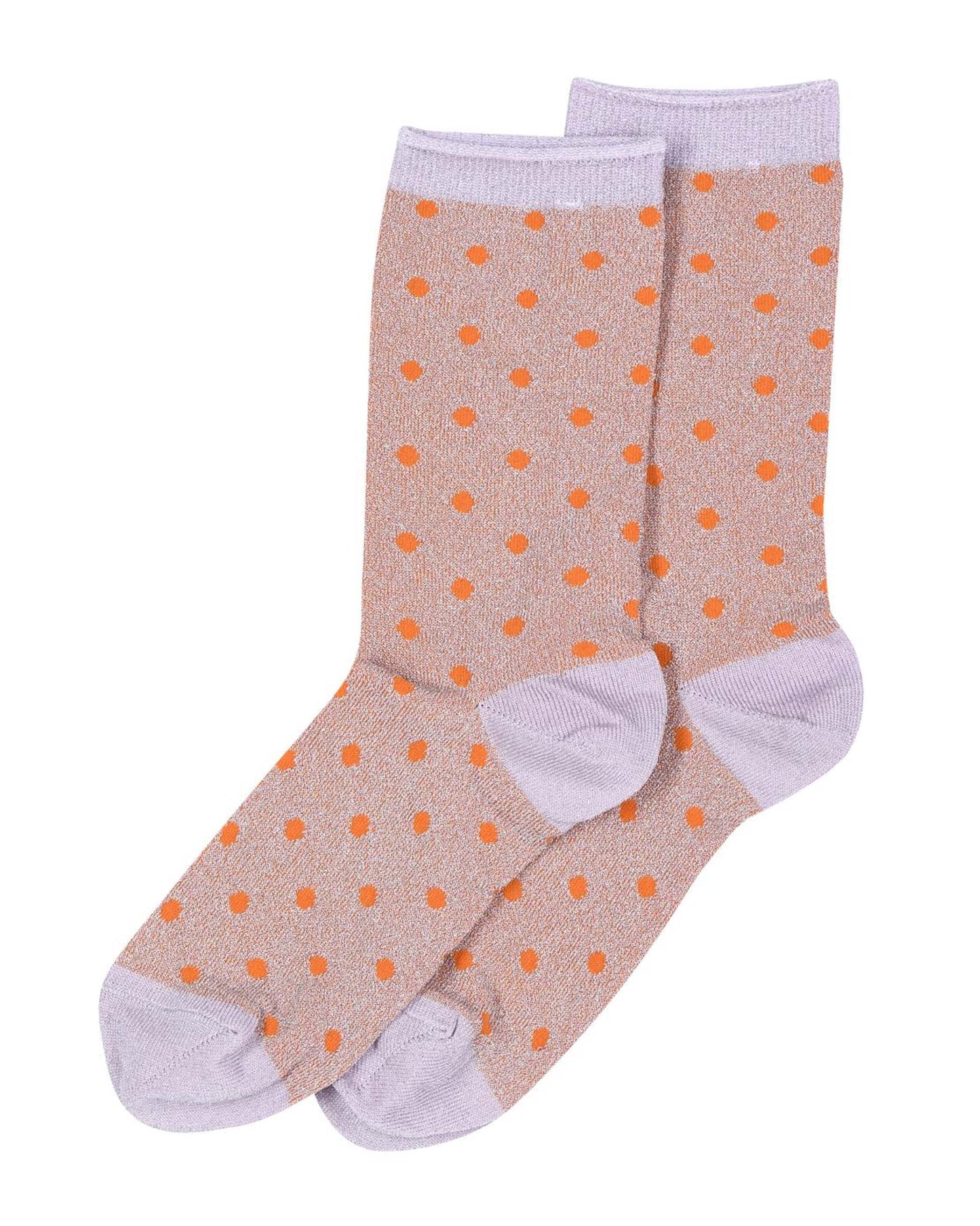 MP Denmark Donna Glitter Socks - Light pale orange sparkly lamé fashion ankle socks with an all over orange polka dot pattern with lilac cuff, heal and toe.