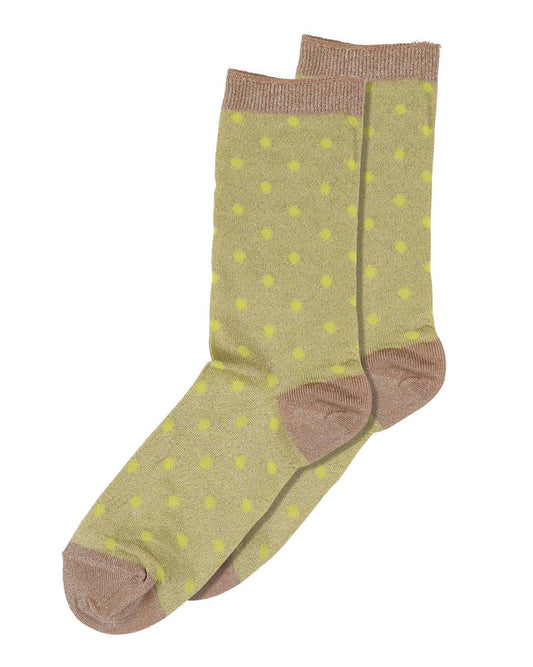 MP Denmark Donna Glitter Socks - Light lime green sparkly lamé fashion ankle socks with an all over lime green polka dot pattern with beige gold cuff, heal and toe.