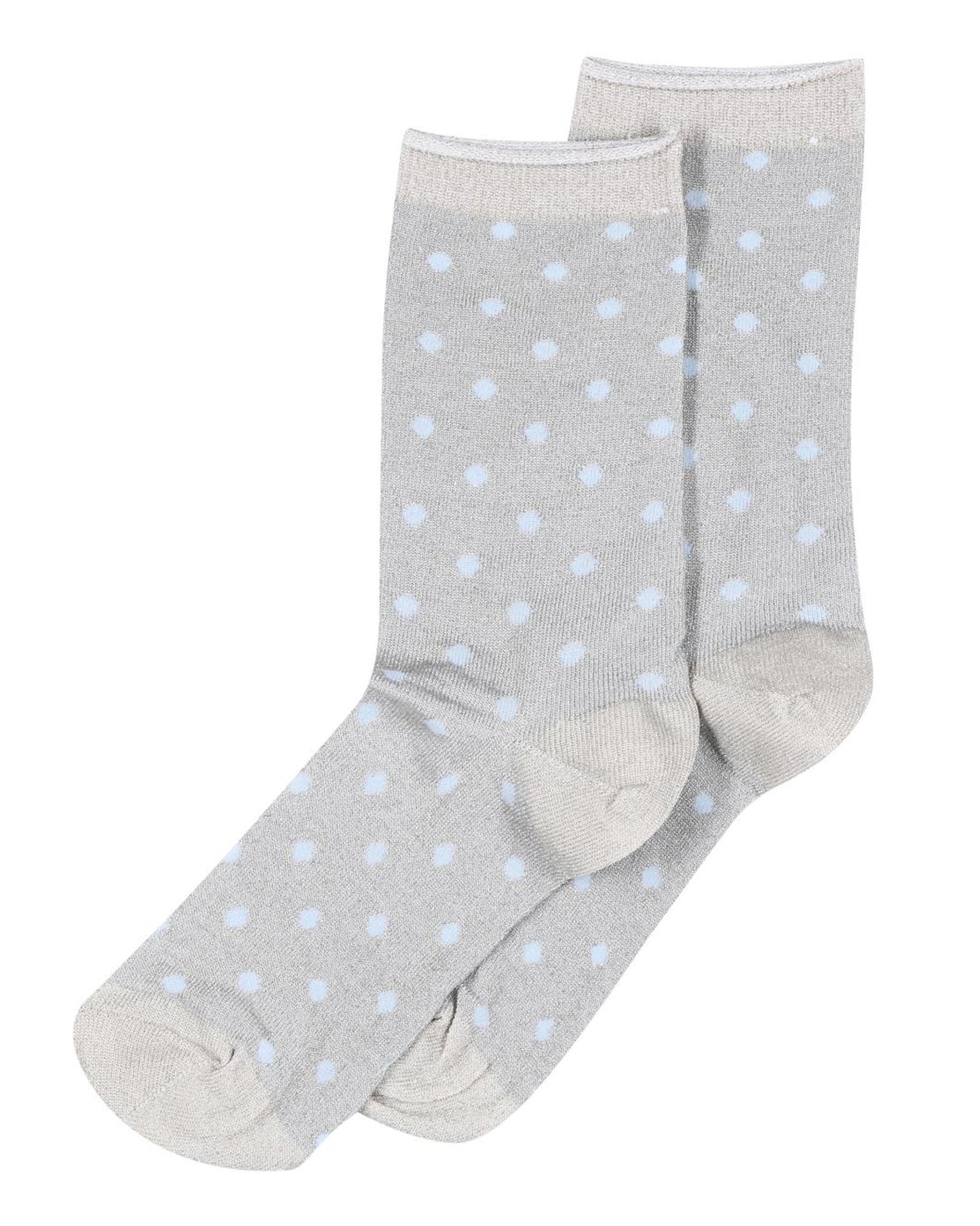MP Denmark Donna Glitter Socks - Light silver sparkly lamé fashion ankle socks with an all over pale blue polka dot pattern with silver cuff, heal and toe.