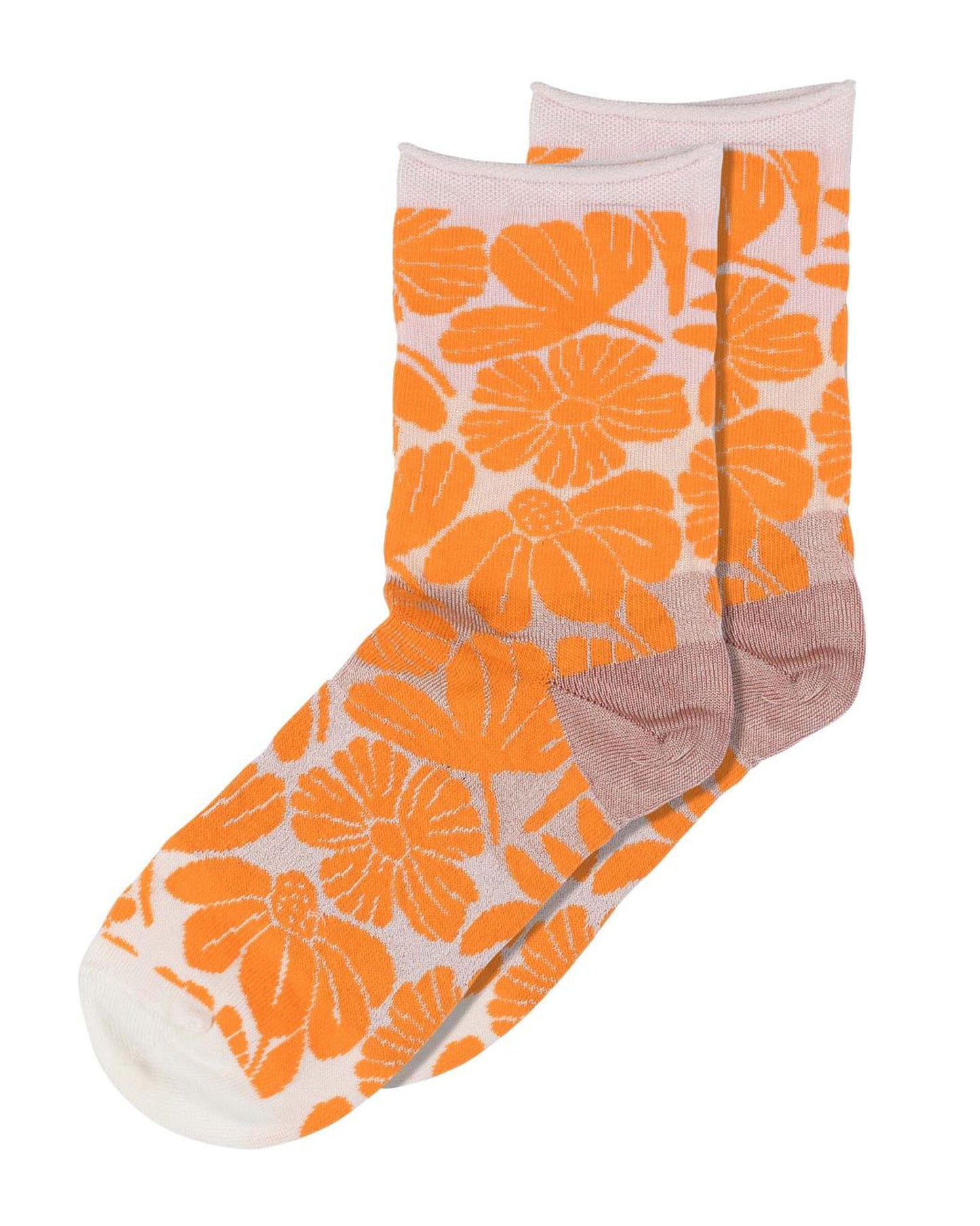 MP Denmark 77728 Nicole Sock - Light pale grey cotton mix fashion ankle socks with an all over woven orange floral pattern and no cuff roll top edge.