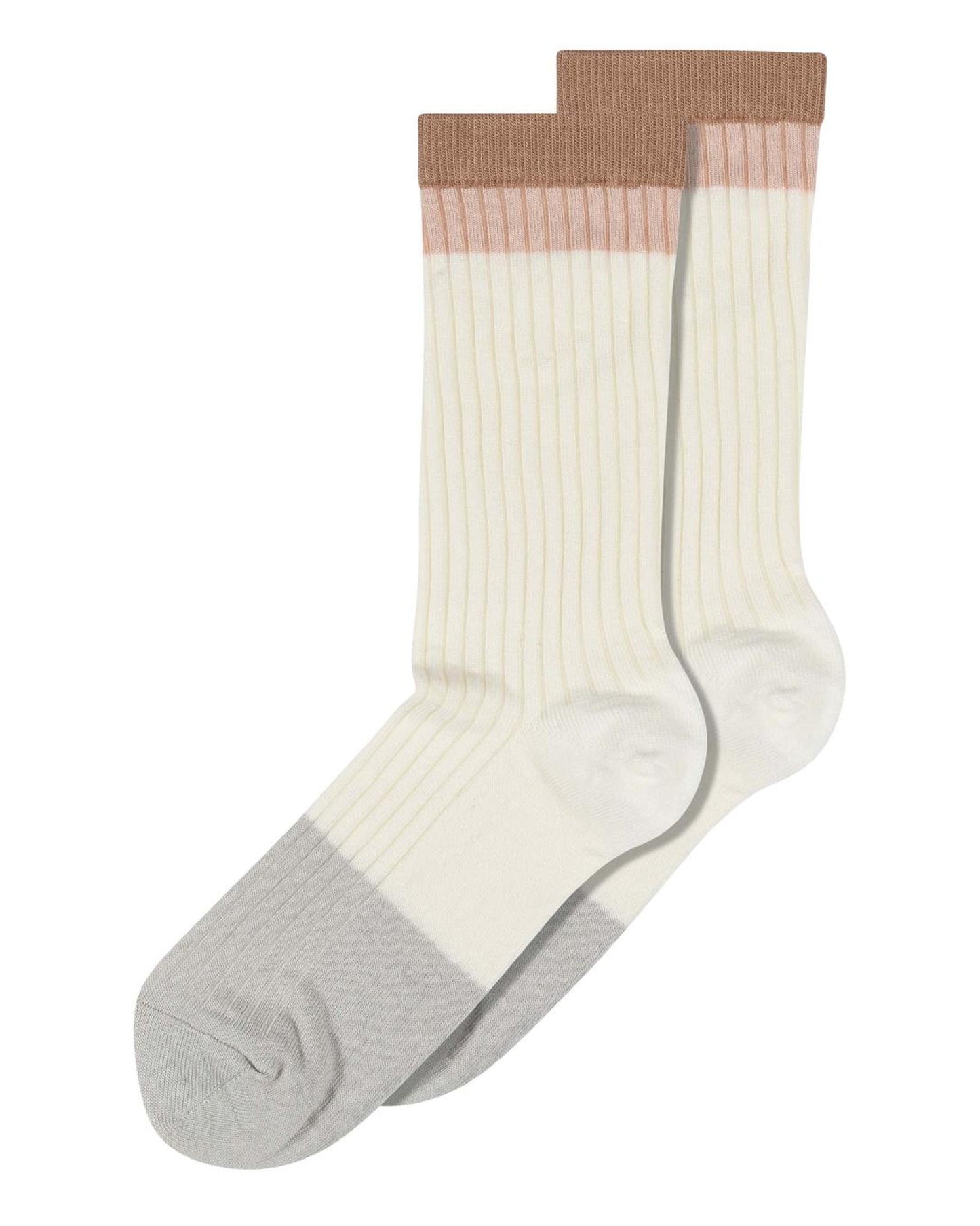 MP Denmark 79704 Paula Socks - Cream / ivory ribbed crew length bamboo socks with a tan beige and pale pink stripe cuff and light grey toe.