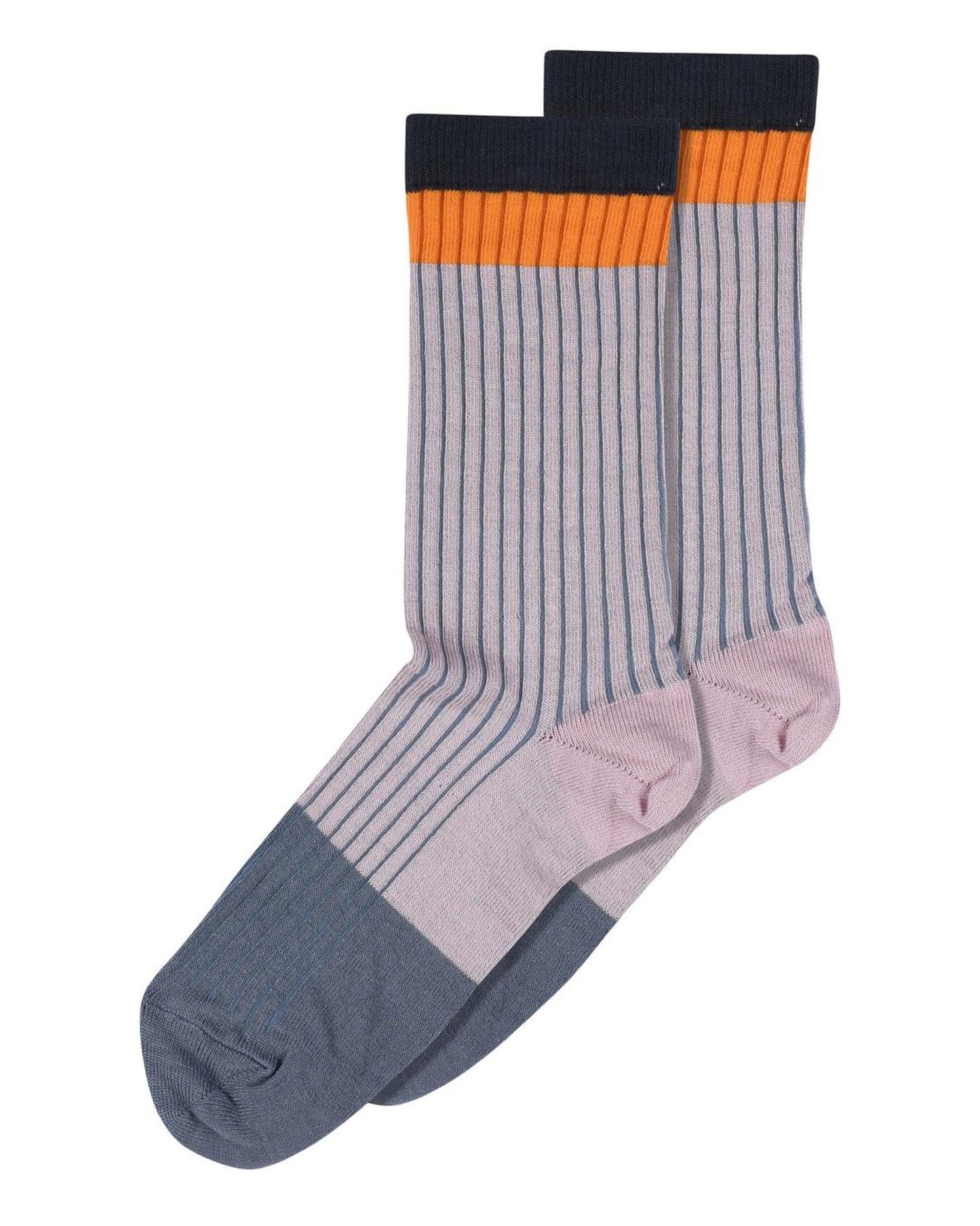 MP Denmark 79704 Paula Socks - Pale lilac ribbed crew length bamboo socks with a navy and orange stripe cuff and grey toe.