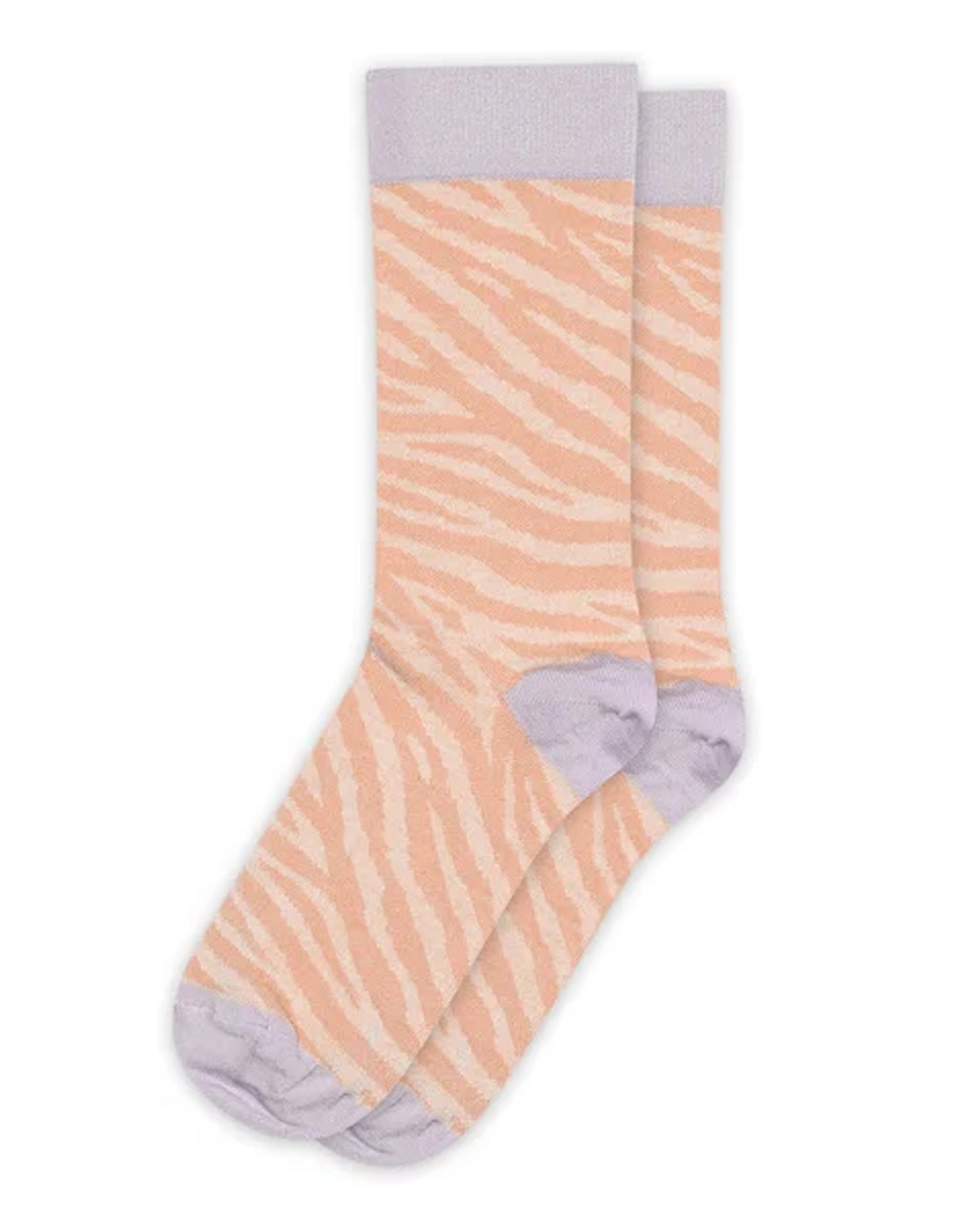 Pair of socks with pale pink zebra striped pattern, lilac cuff, toe and heel on a white background