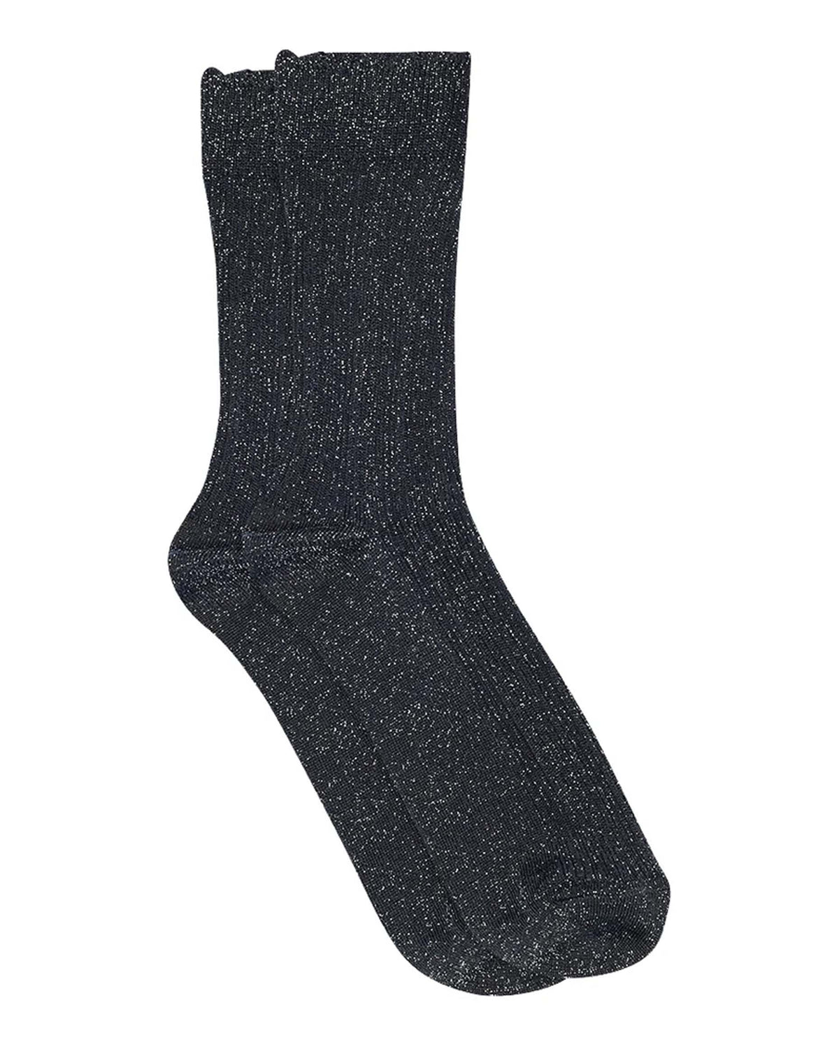 Pair of navy ribbed crew length ankle so with silver lamé