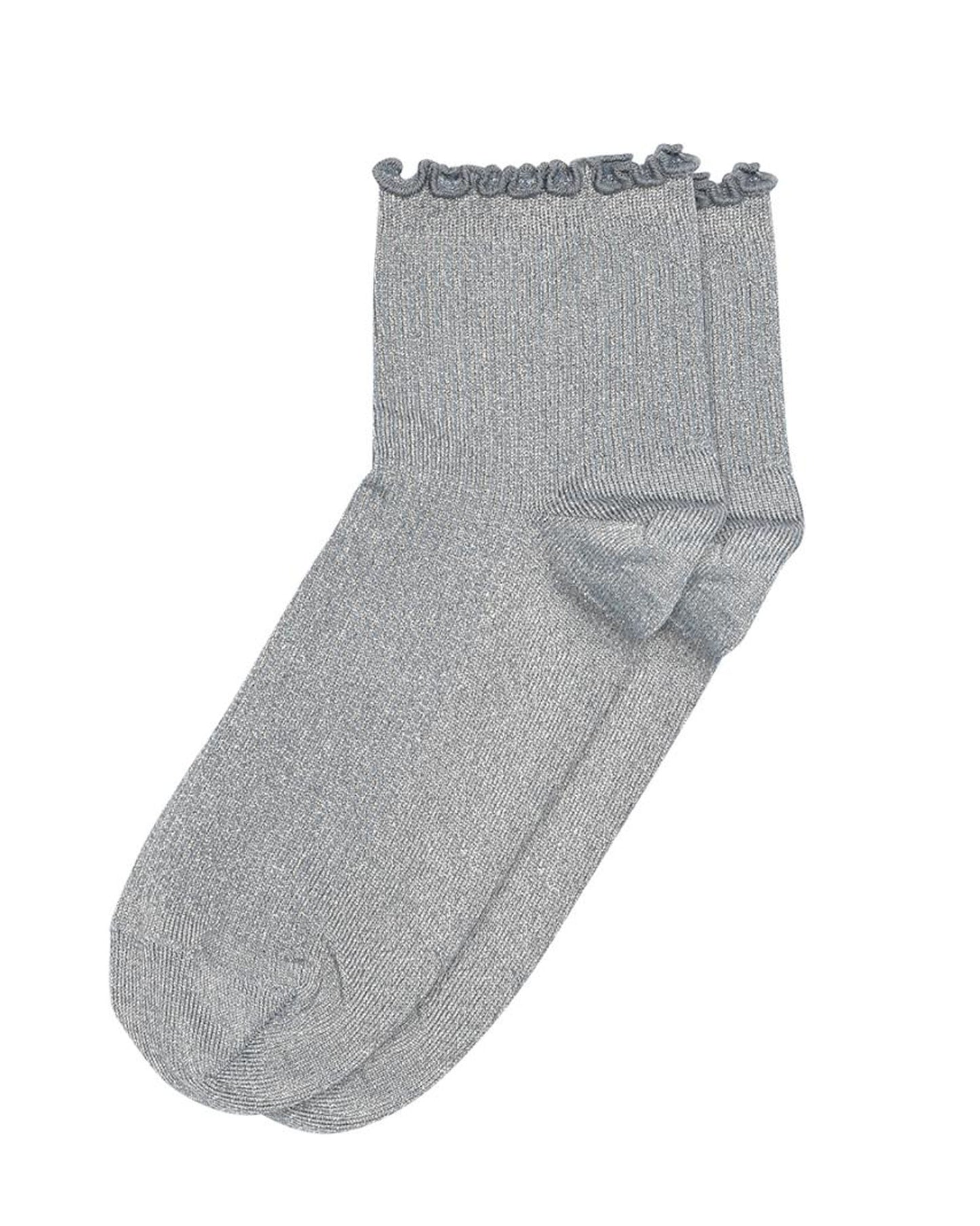 MP Denmark Lis Sock - Silver blue short quarter high ribbed lamé lurex cotton lined ankle socks with with frilly edge, plain sole, shaped heel and flat toe seam.