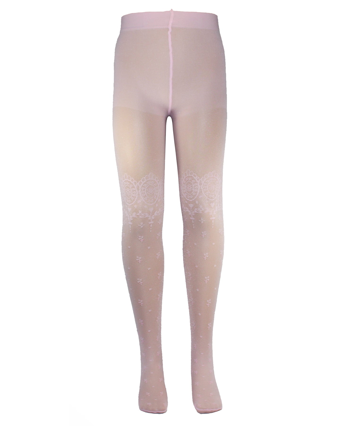Omsa Cordoba Collant - Light baby pink semi opaque micro mesh kid's fashion tights with an all over woven flower and spot pattern and circular lace effect over the knee bands.