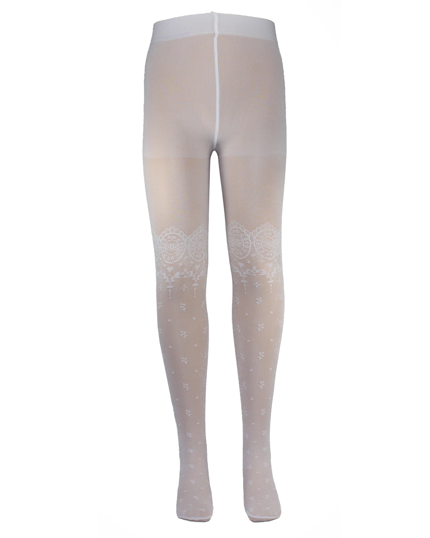 Omsa Cordoba Tights - White semi opaque micro mesh kid's fashion tights with an all over woven flower and spot pattern and circular lace effect over the knee bands, perfect for communion