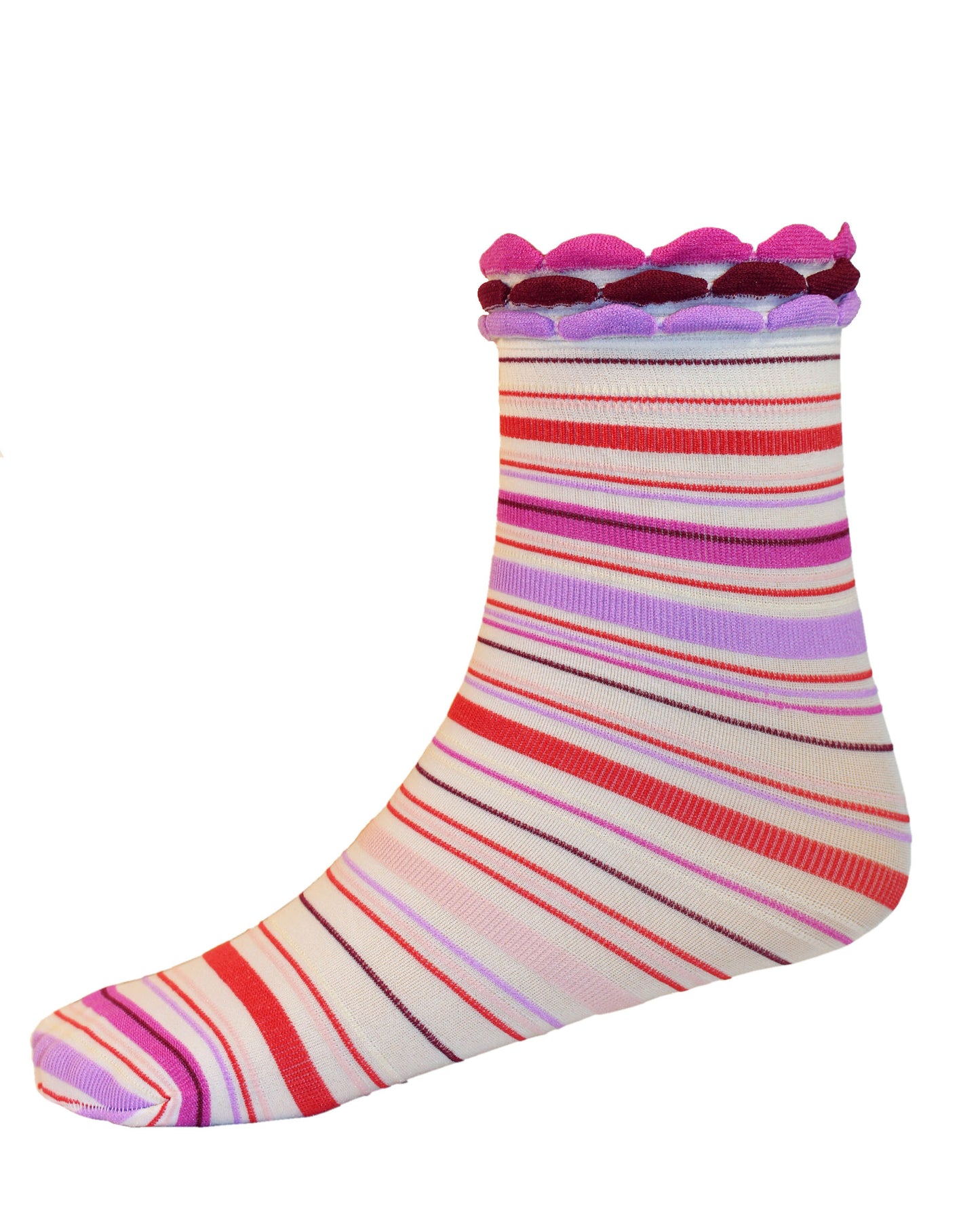 Omsa Crayons Calzino - White opaque fashion socks with colourful horizontal stripes in shades of red, pink and purple and a ruched style cuff.