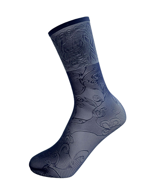Omsa Decorate Calzino - Semi-sheer navy blue fashion ankle socks with a paisley style pattern and deep elasticated comfort cuff with an off white lace style pattern.