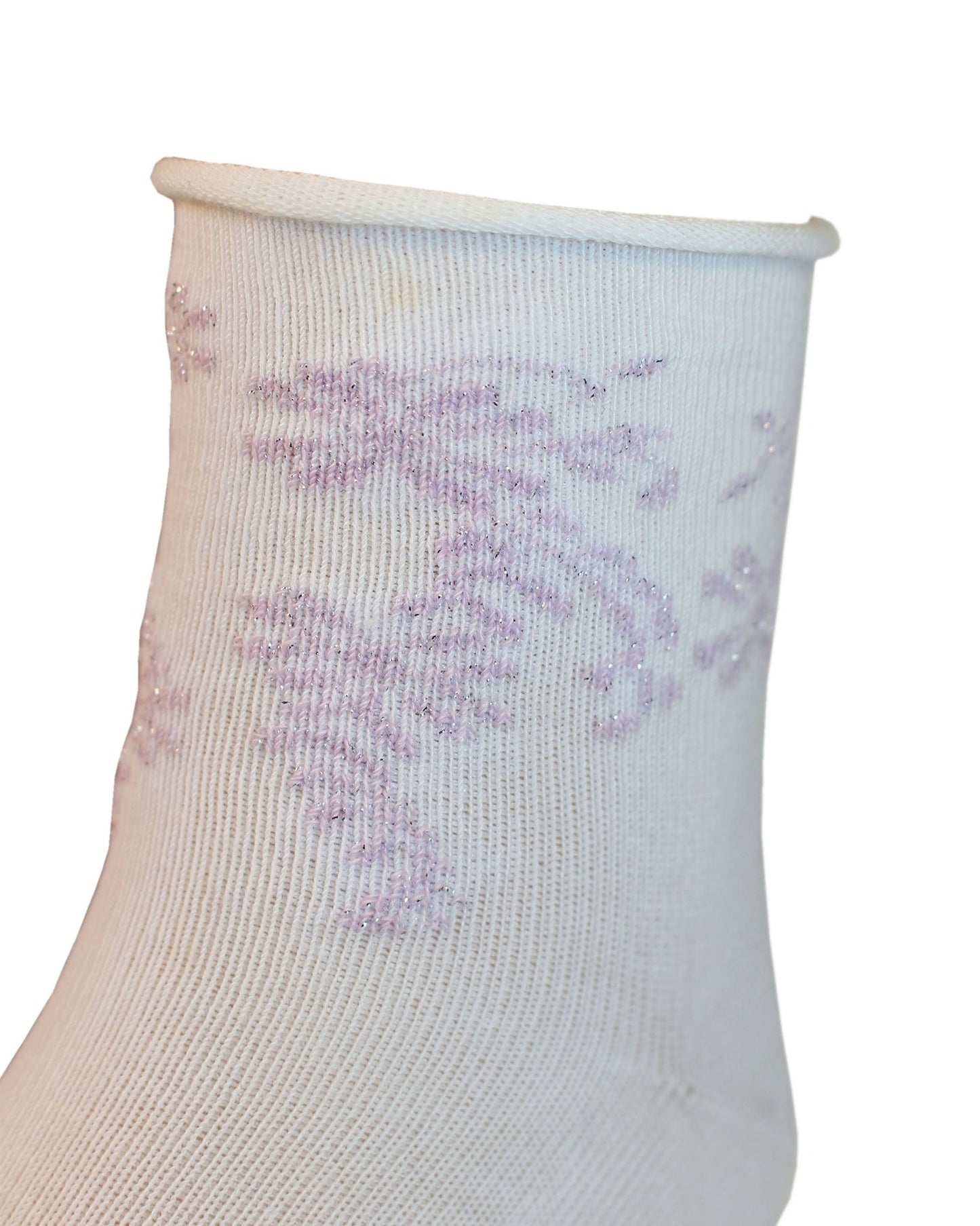 Omsa Dessert Calzino - White children's cotton no cuff ankle socks with a sparkly lilac coloured woven floral leaf style pattern around the cuff.