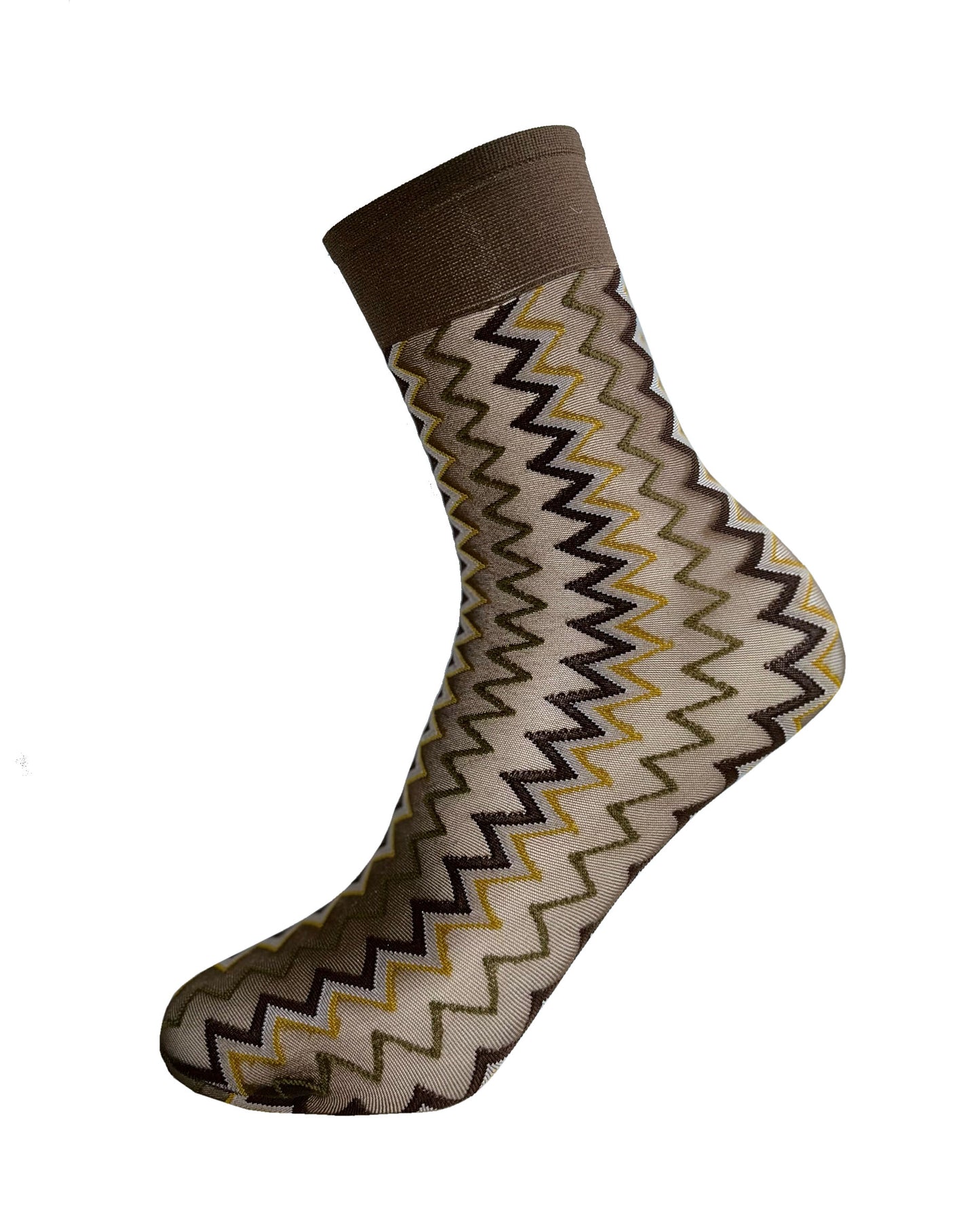 Omsa Fatal Calzino - Sheer brown fashion ankle socks with a zig-zag pattern in brown, khaki green, white and mustard yellow and deep comfort cuff.