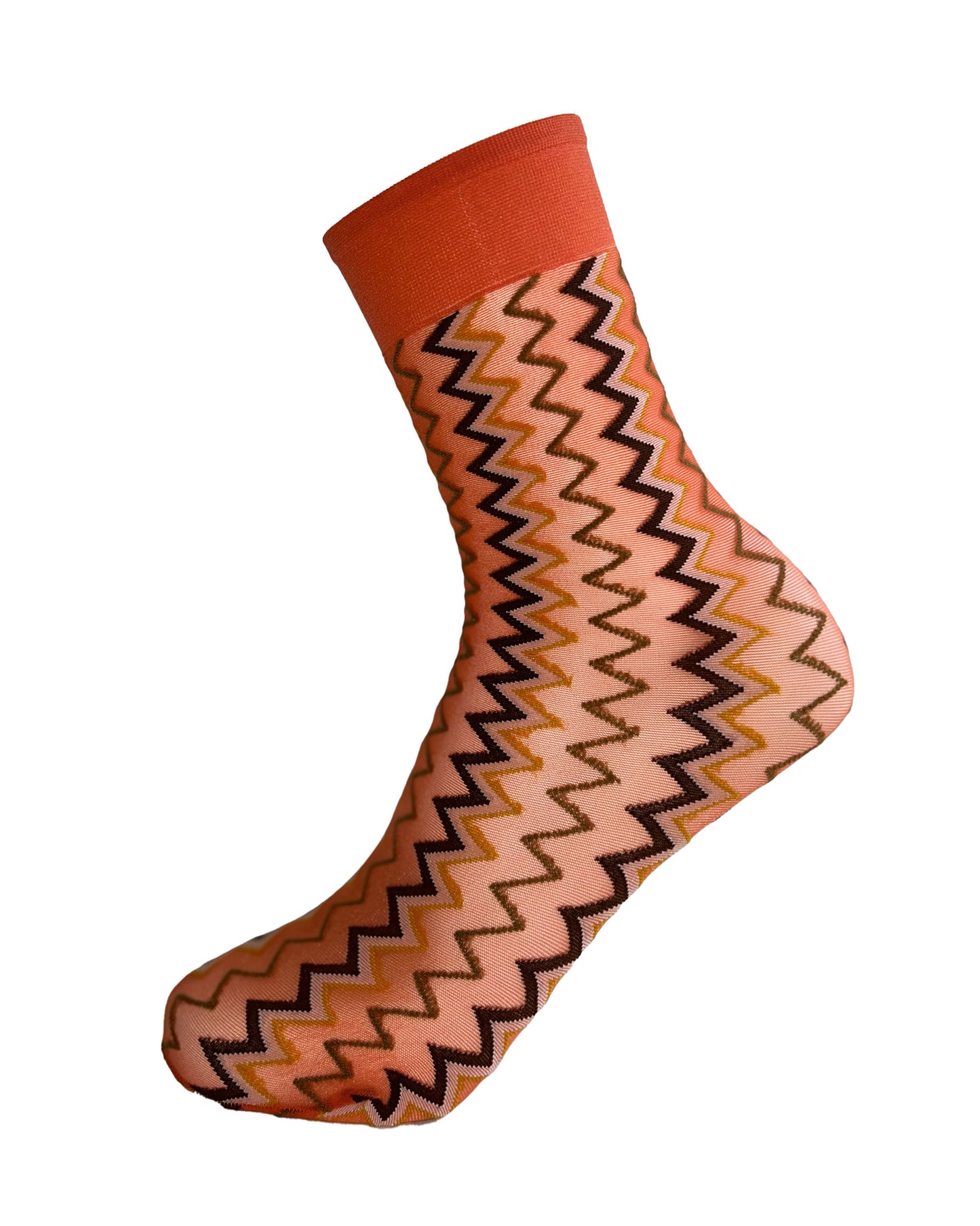 Omsa Fatal Calzino - Sheer orange fashion ankle socks with a zig-zag pattern in brown, khaki green, white and mustard yellow and deep comfort cuff.