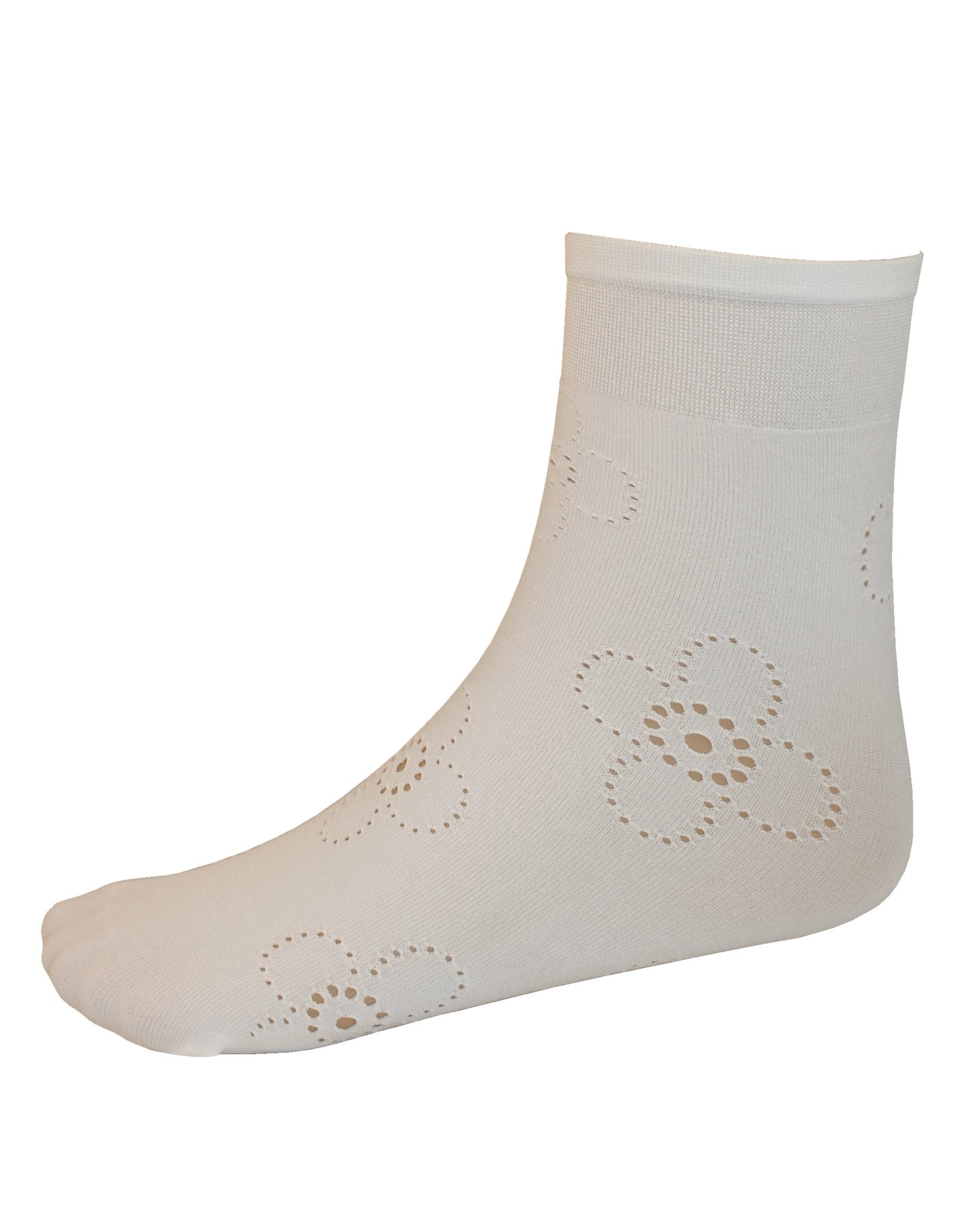 Omsa Flore Calzino - Kid's white opaque children's fashion ankle socks with a perforated cut out floral style pattern and deep elasticated comfort cuff.