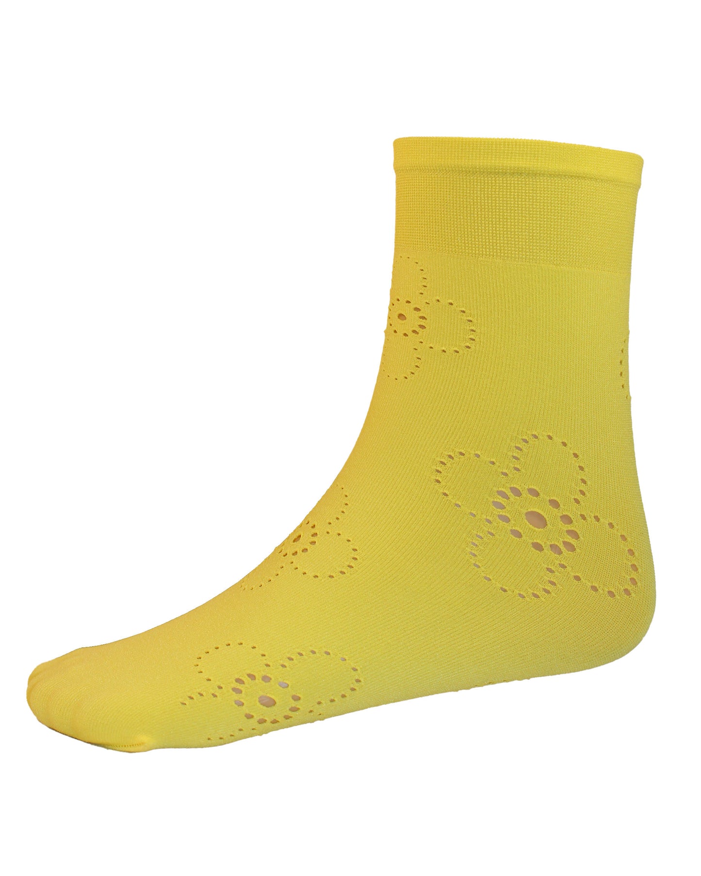 Omsa Flore Calzino - Kid's bright yellow opaque children's fashion ankle socks with a perforated cut out floral style pattern and deep elasticated comfort cuff.