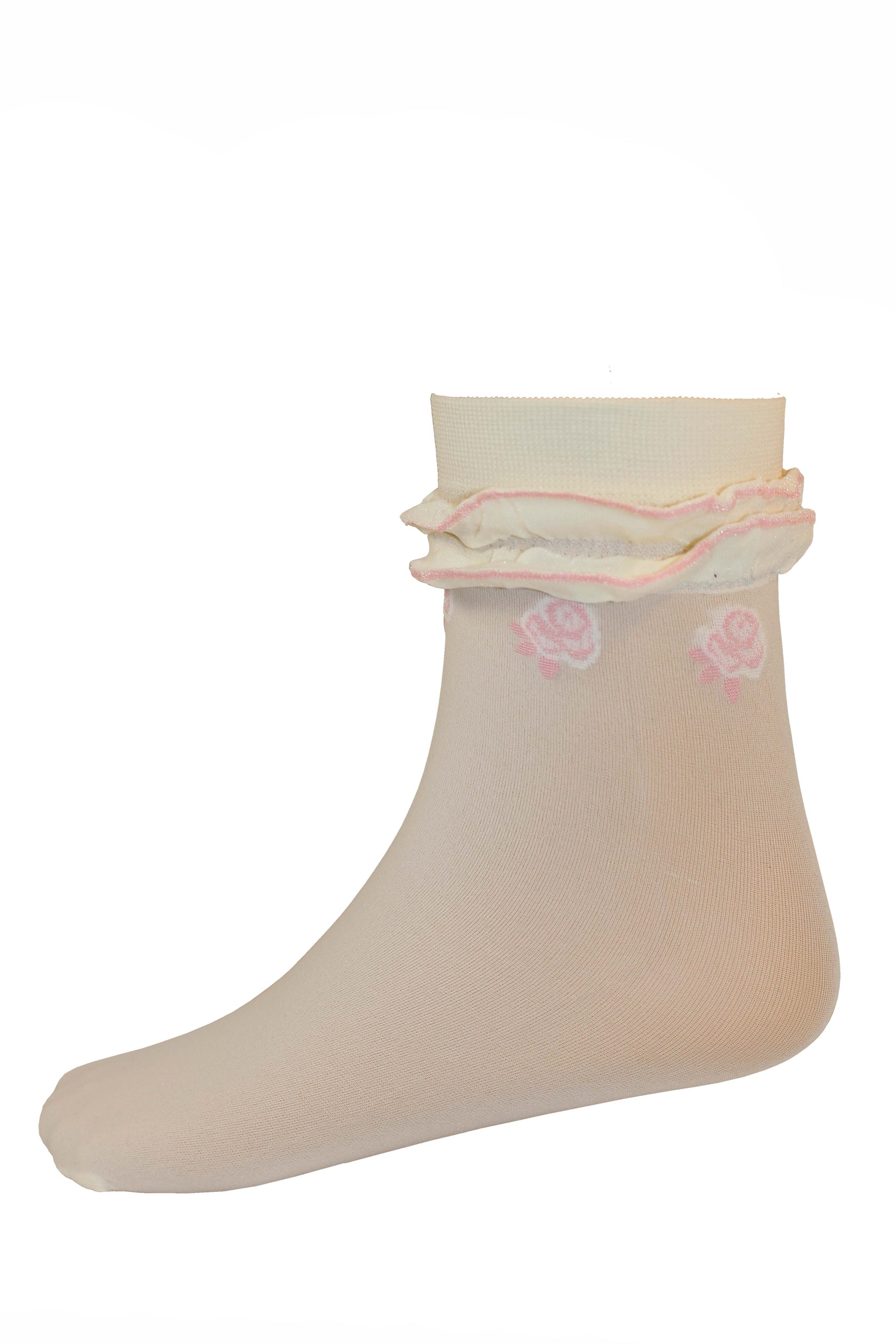 Omsa Lulu Calzino - Ivory cream opaque children's fashion ankle socks with a double frill cuff, rose pattern under the cuff and a back seam with a bow detail in pink and off white.