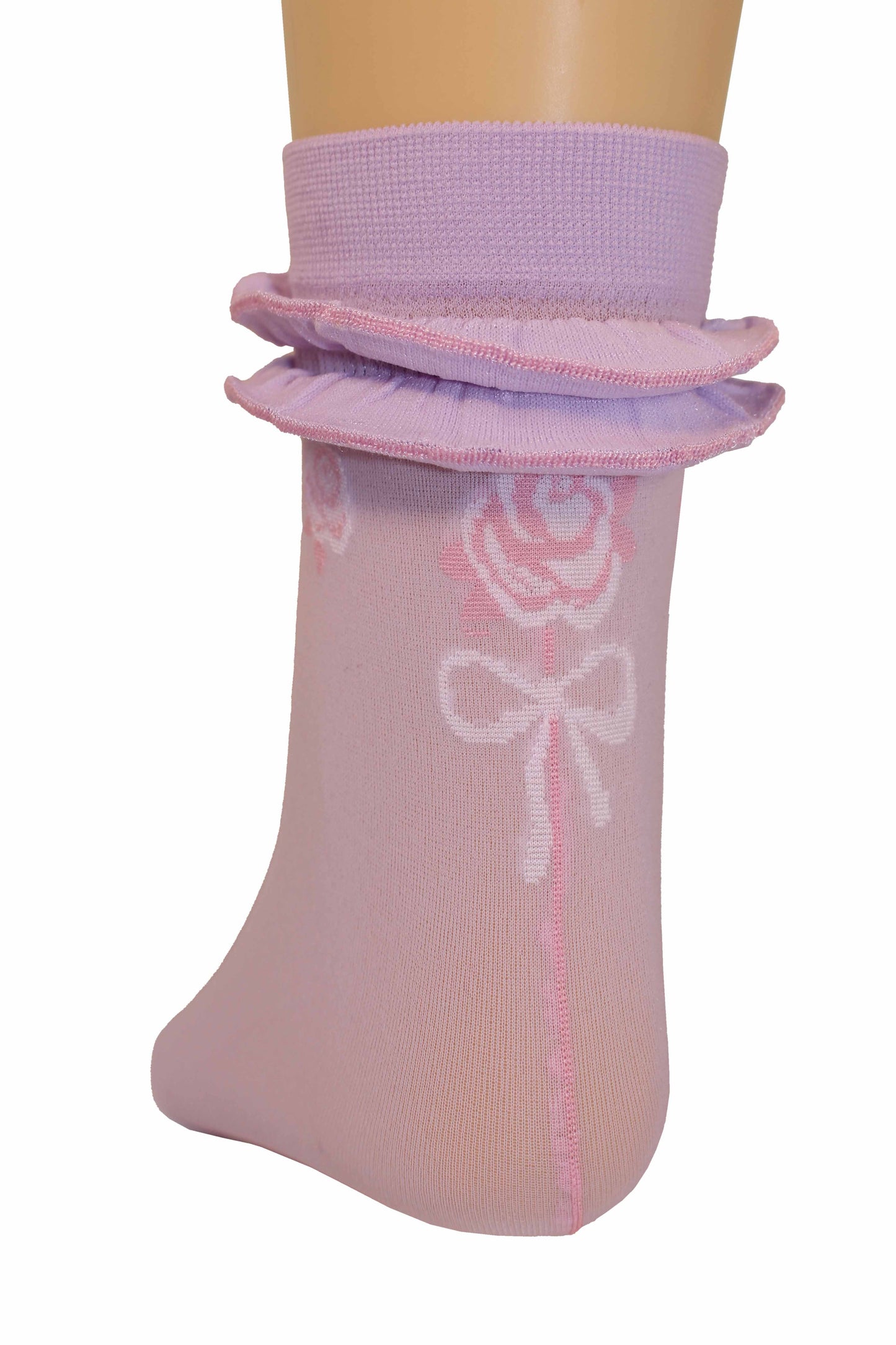 Omsa Lulu Calzino - Light lilac purple opaque children's fashion ankle socks with a double frill cuff, rose pattern under the cuff and a back seam with a bow detail in pink and off white.