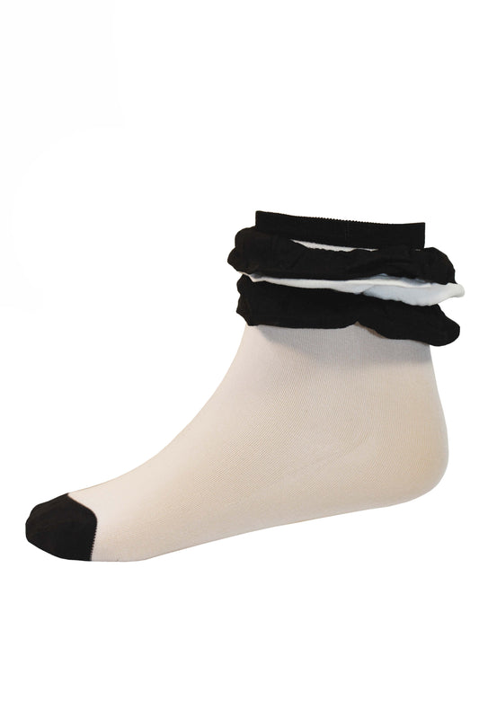 Omsa Pierrot Calzino - White opaque children's fashion ankle socks with a trippel frilly cuff in black and white and black toe.