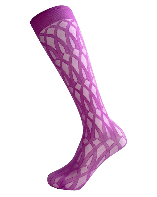 Omsa Illusion Gambaletto - Sheer light purple fashion knee-high socks with a woven geometric gothic style pattern and plain elasticated comfort cuff.