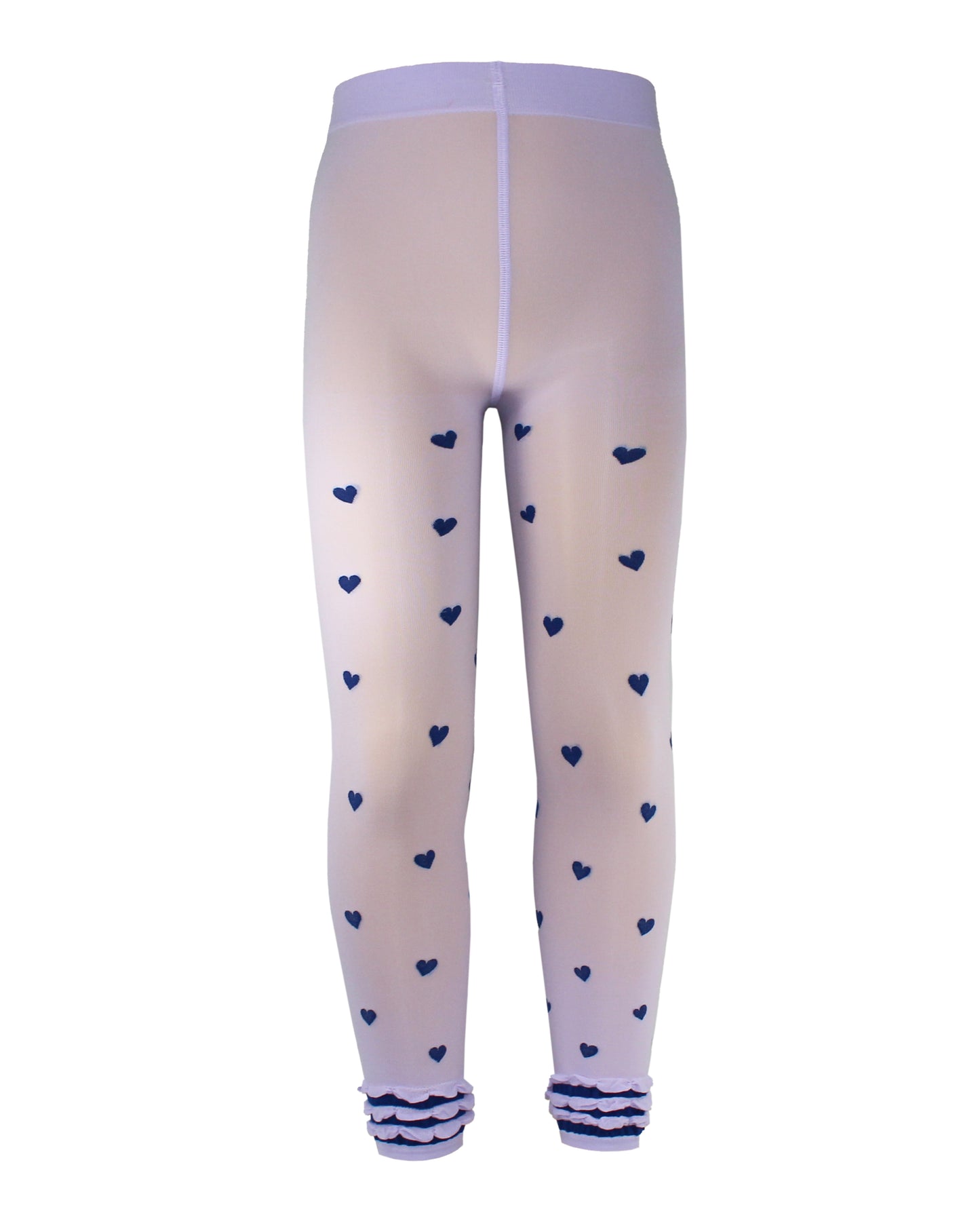 Omsa Fancy Leggings - Soft semi-opaque lilac purple kid's footless tights with an all over woven heart pattern in navy with a ruched striped cuff.