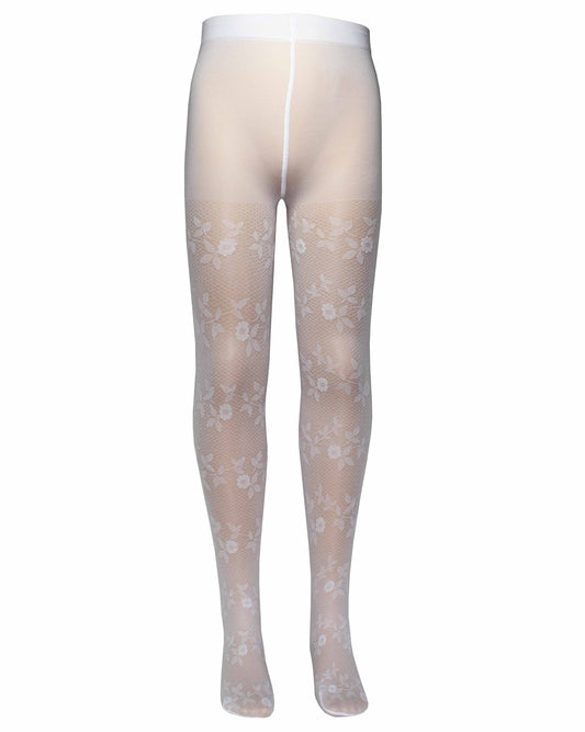 Omsa Serenella Lovely kid's tights - White semi sheer micro diamond patterned children's fashion tights with an all over woven floral design, perfect for flower girls or first holy communion.