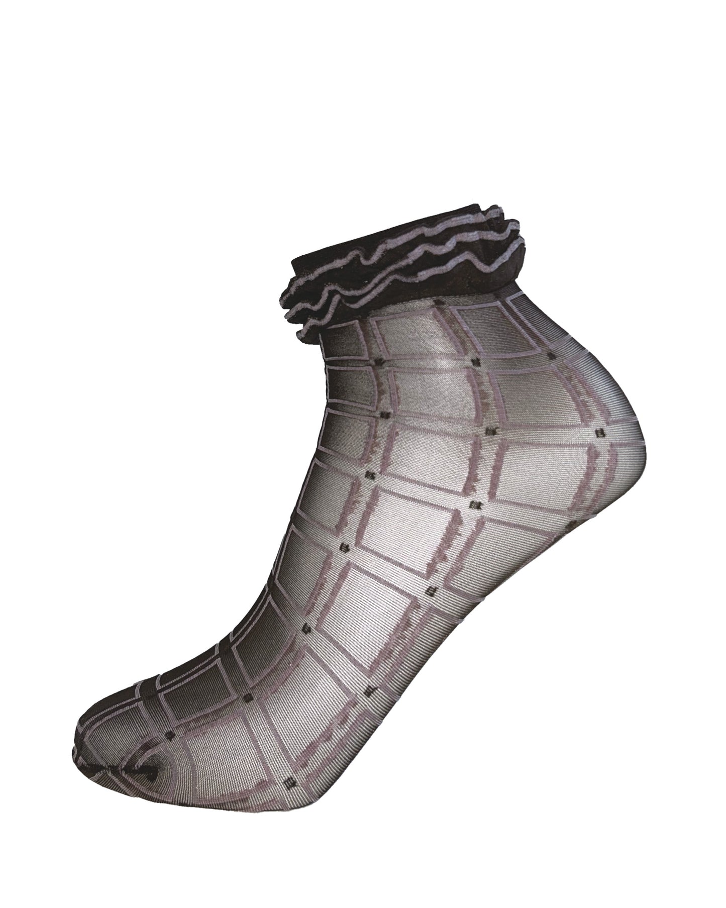 Omsa Masquenada Calzino - Sheer brown fashion ankle sock with a pale pink square grid pattern and frilly cuff.