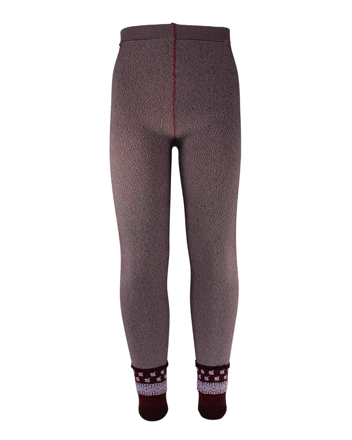 Omsa Peppermint Leggings - Soft ultra opaque kid's footless tights with an all over burgundy, wine and white fleck effect and deep embroidered cuff with a woven floral lace and flower pattern and ruched cuff.