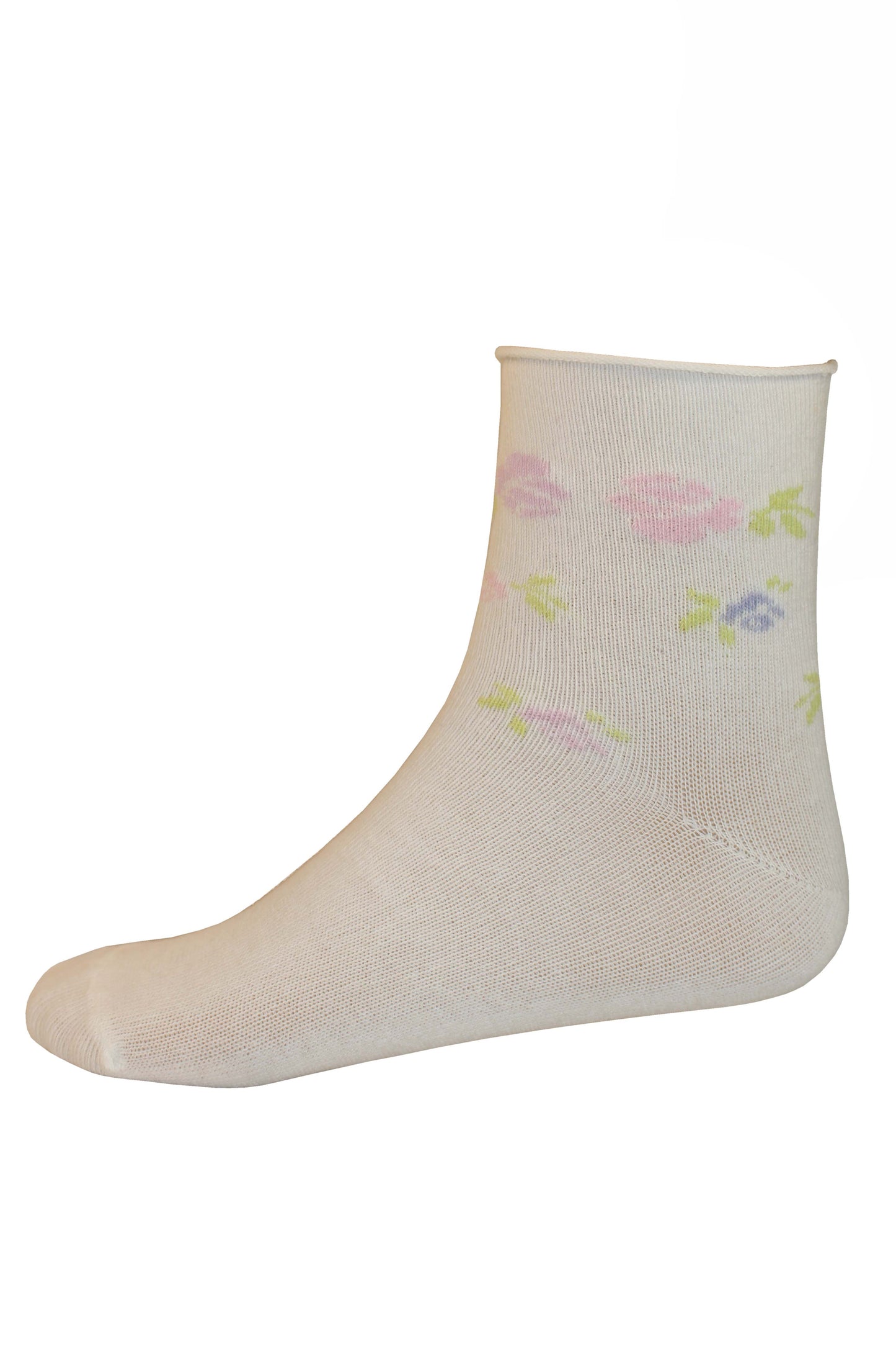 Omsa Serenella Pic Nic Calzino - Ivory cream children's cotton no cuff cotton ankle socks with a colourful woven floral style pattern around the cuff in shades of pink, purple and lime green.