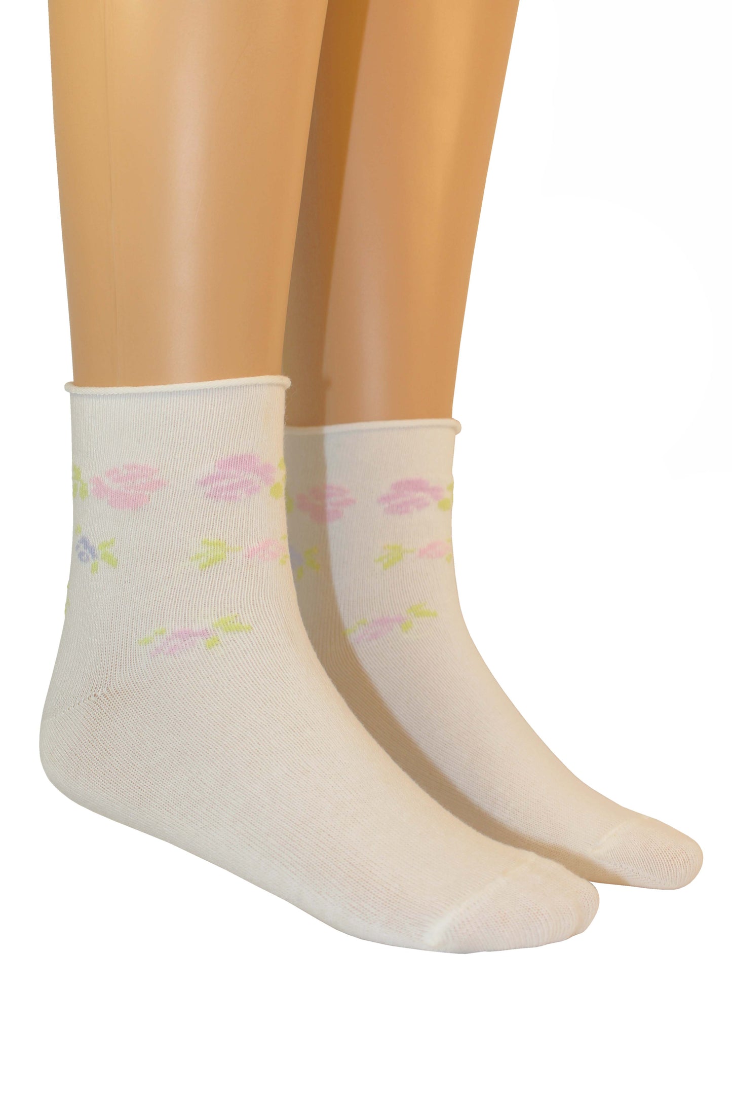 Omsa Serenella Pic Nic Calzino - Ivory cream children's cotton no cuff cotton ankle socks with a colourful woven floral style pattern around the cuff in shades of pink, purple and lime green.