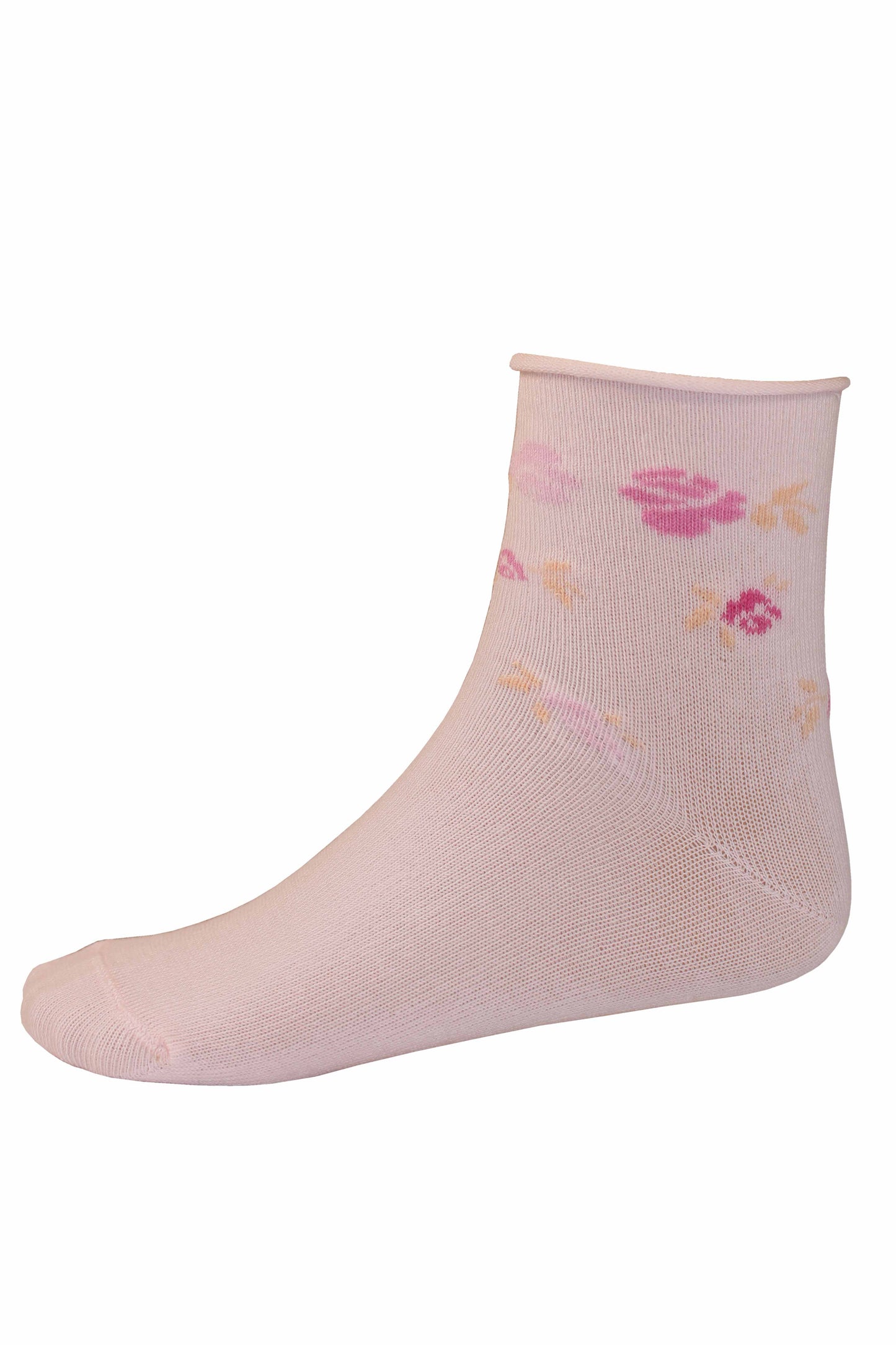 Omsa Serenella Pic Nic Calzino - Light pink children's cotton no cuff cotton ankle socks with a colourful woven floral style pattern around the cuff in shades of pink and orange.