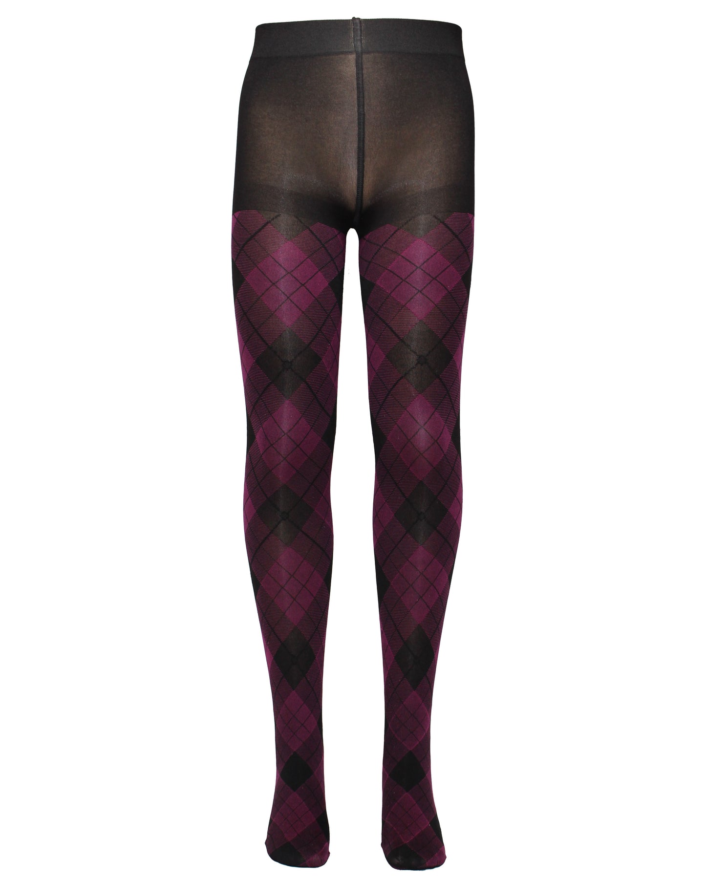 Omsa Serenella Shire Collant - Black opaque children's fashion tights with a deep dark purple tartan / argyle style pattern.