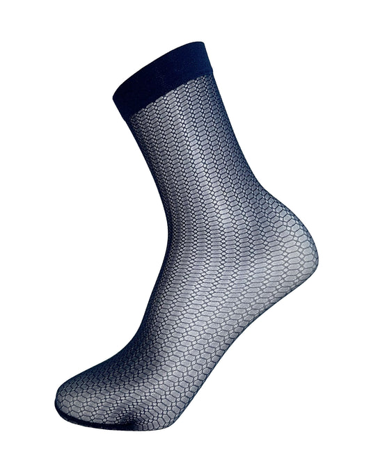Omsa Stage Calzino - Sheer navy fashion ankle socks with a micro geometric honeycomb style pattern and plain elasticated comfort cuff.