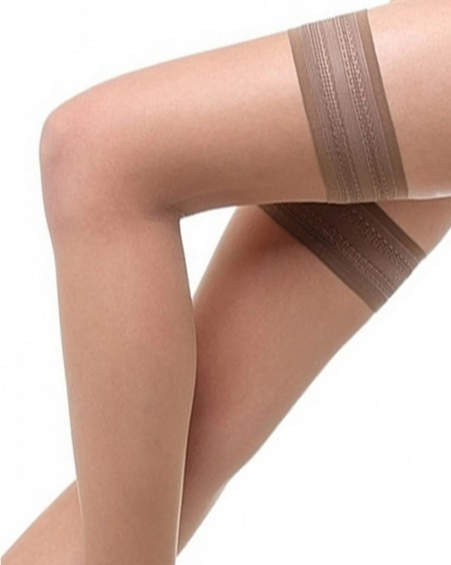 Omsa Sunlight Autoreggente - Nude ultra transparent 8 denier hold ups with embroidered top, side view.