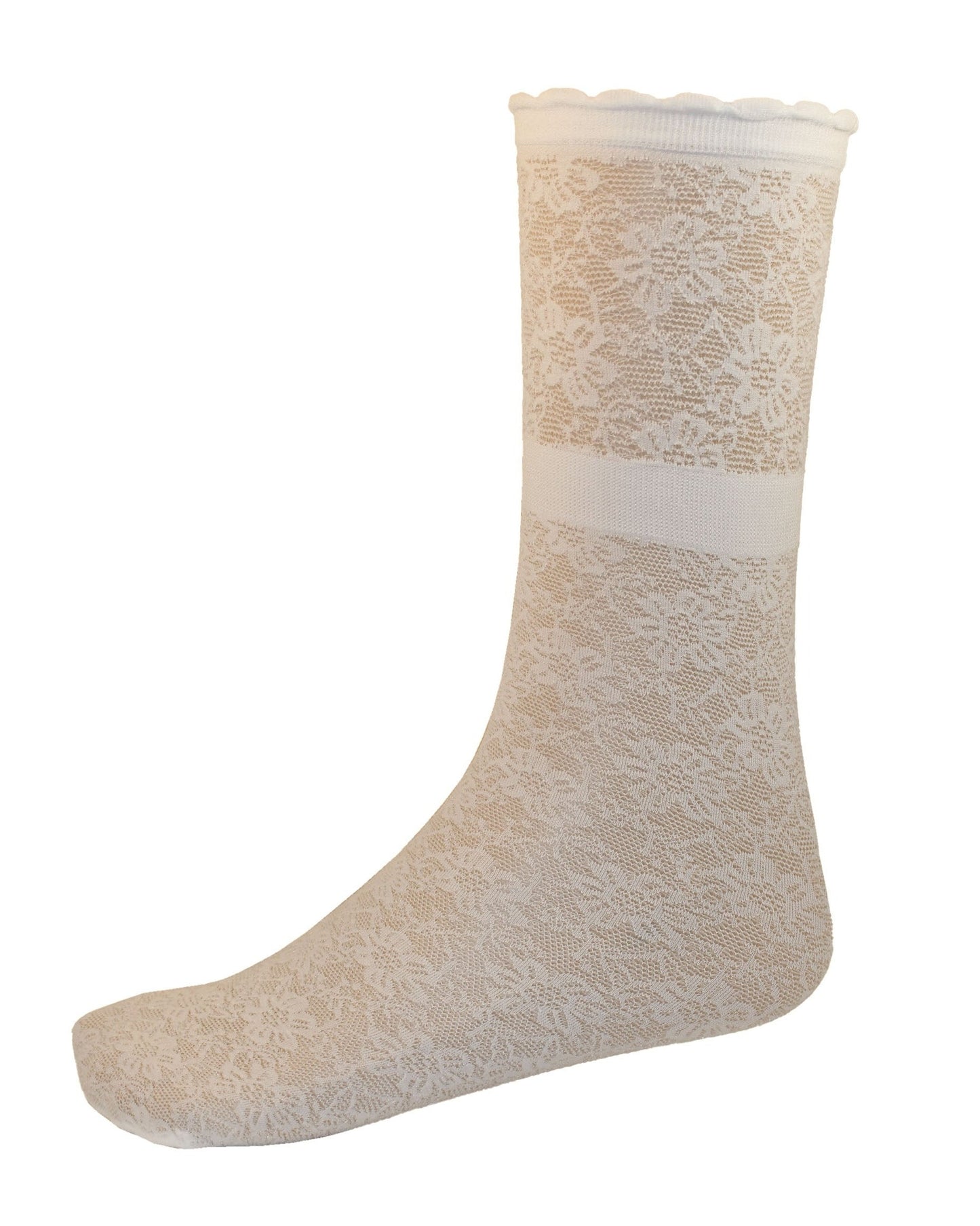 Omsa Suzette Calzino - Sheer white children's fashion ankle socks with a floral lace pattern, scalloped cuff with the option to scrunch down cuff to create a ruched look.