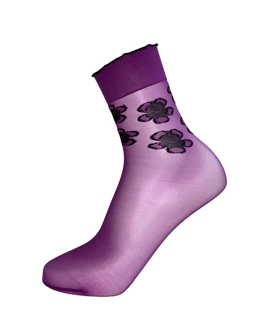 Omsa Violet Calzino - Sheer light purple / pink fashion ankle socks with a woven floral design around the ankle and deep elasticated comfort cuff with a slight frill edge.