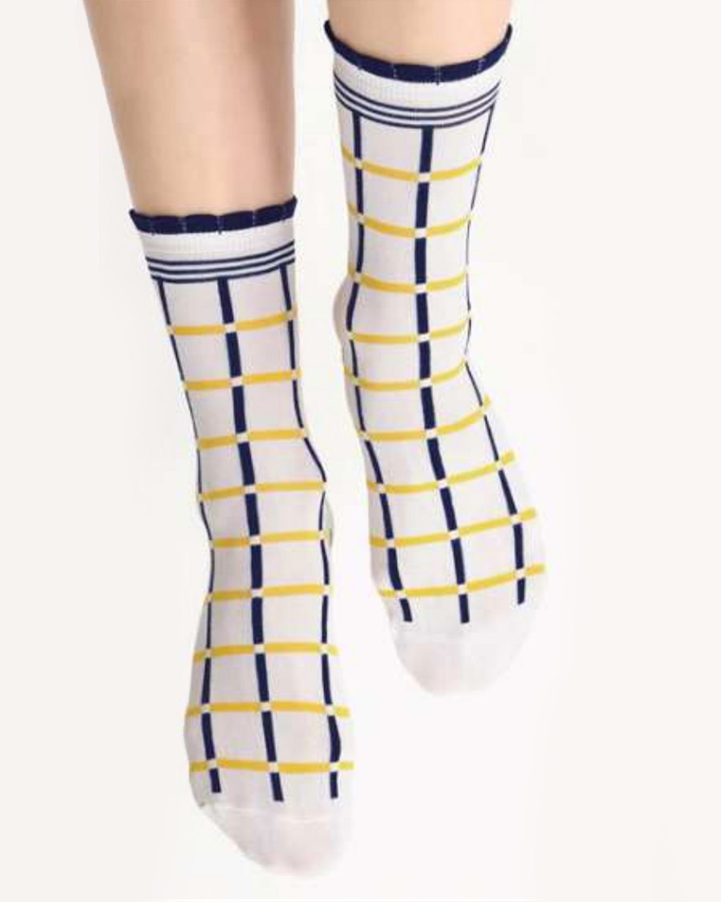 Oroblu Check Sock - Off white checked linear pattern in yellow and navy blue crew length ankle socks with a double striped cuff and frill scalloped cuff.