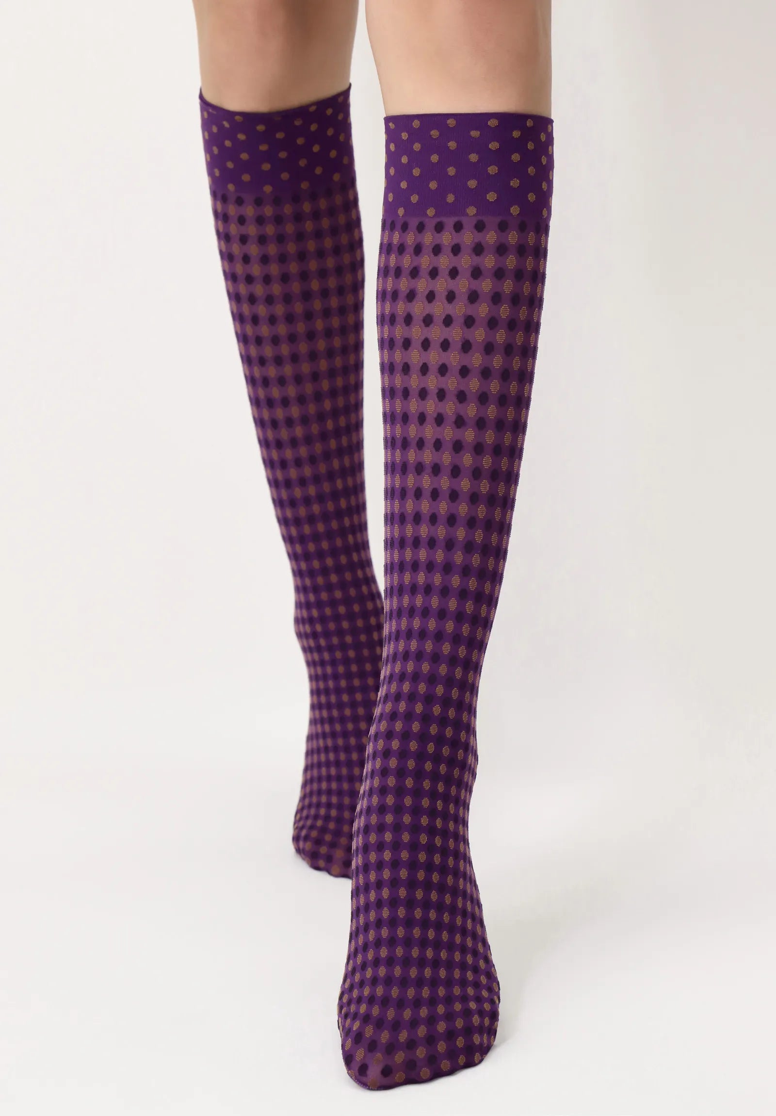 Oroblù Double Dot Knee-High - Purple opaque fashion knee-high socks with a spot grid gingham style pattern in mustard and black.