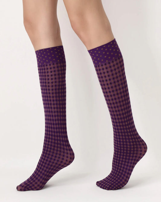 Oroblù Double Dot Knee-High - Purple opaque fashion knee-high socks with a dotted grid gingham style pattern in mustard and black and deep elasticated comfort.